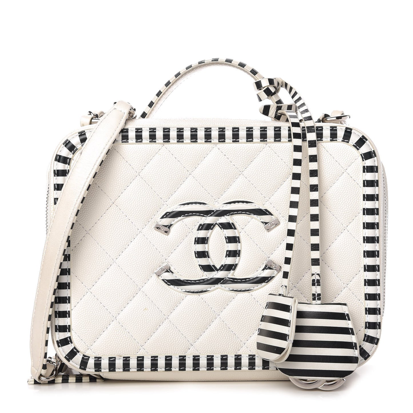 Caviar Quilted Striped Medium CC Filigree Vanity Case White Black