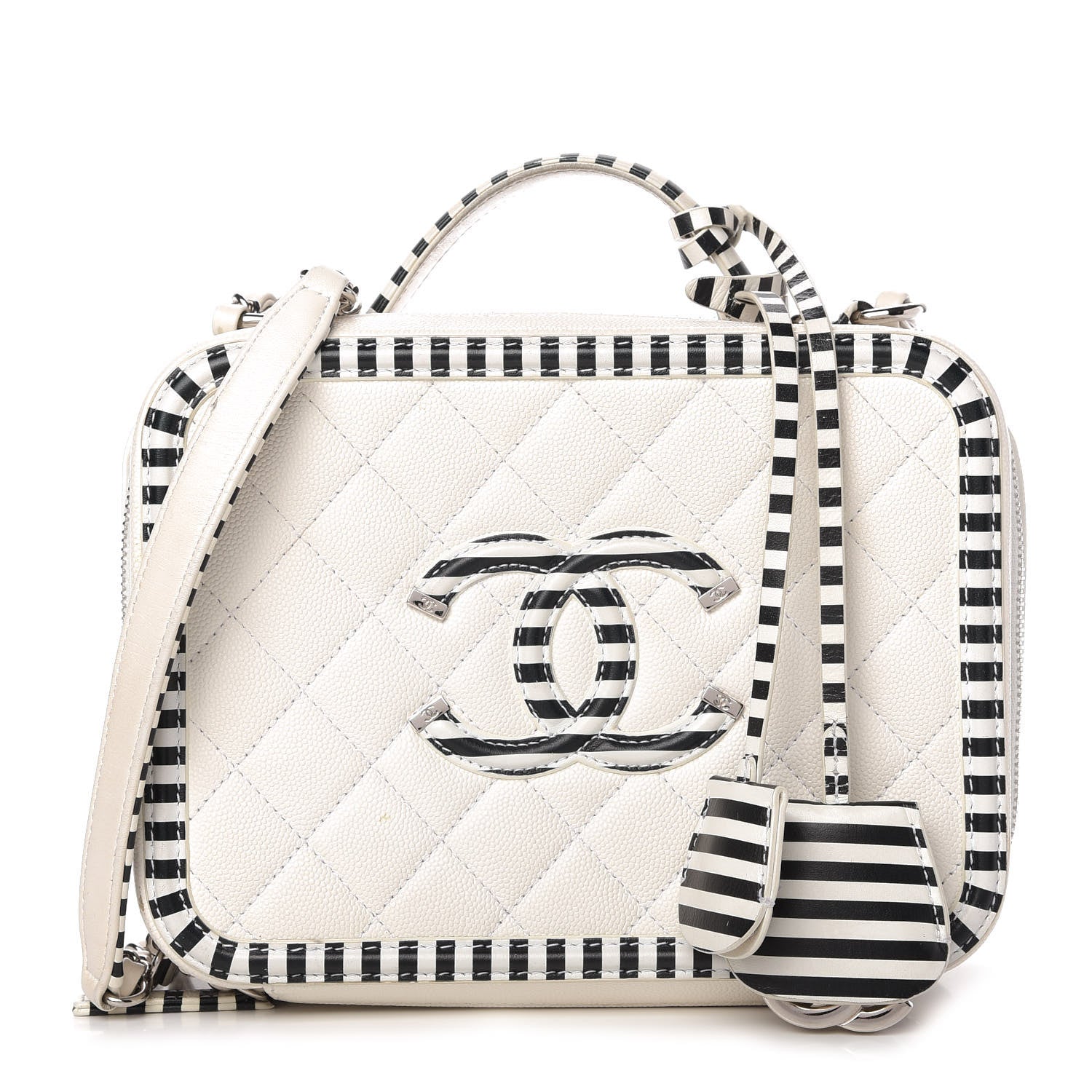 Chanel Caviar Quilted Striped Medium CC Filigree Vanity Case White Black 1 of 12