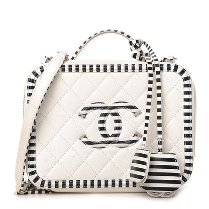 Chanel Caviar Quilted Striped Medium CC Filigree Vanity Case White Black 1 of 12