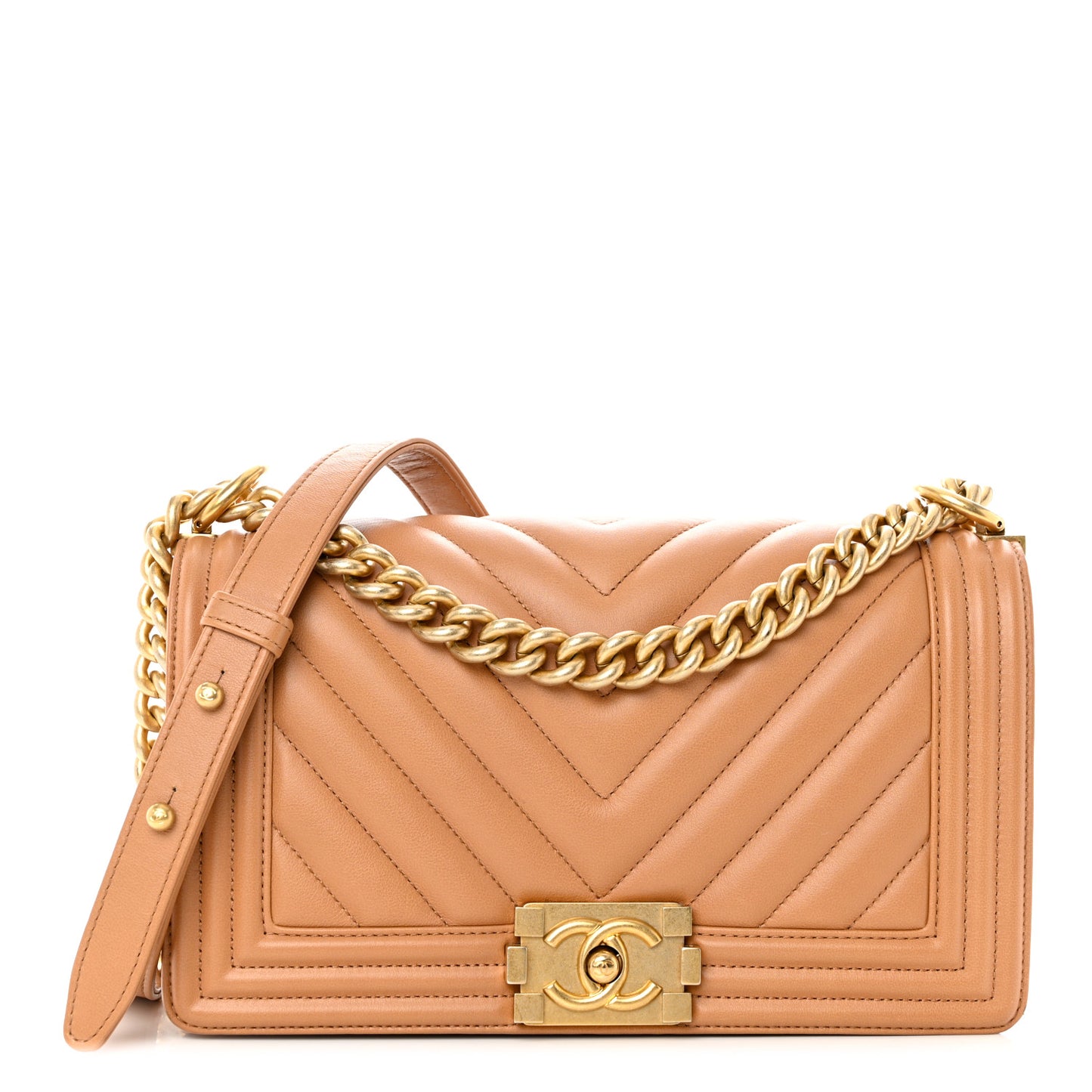 Calfskin Chevron Quilted Medium Boy Flap Beige