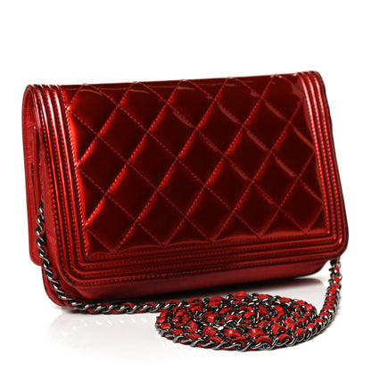 Chanel Metallic Patent Calfskin Quilted Boy Wallet On Chain WOC Red 2 of 10
