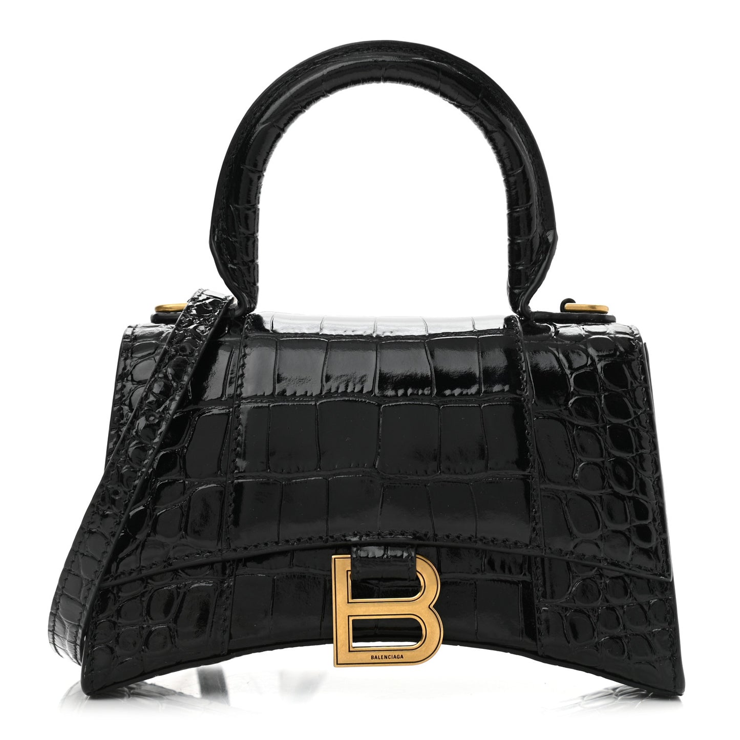 Shiny Calfskin Crocodile Embossed Hourglass Top Handle Bag XS Black