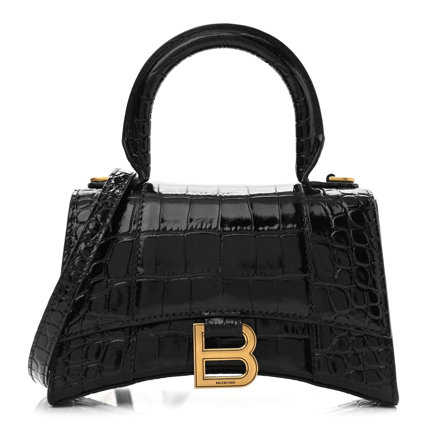 Balenciaga Shiny Calfskin Crocodile Embossed Hourglass Top Handle Bag XS Black 1 of 10