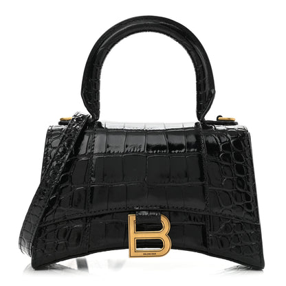 Balenciaga Shiny Calfskin Crocodile Embossed Hourglass Top Handle Bag XS Black 1 of 10