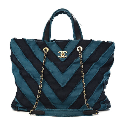 Chanel Canvas Chevron Cuba Patchwork Shopper Tote Blue 1 of 12