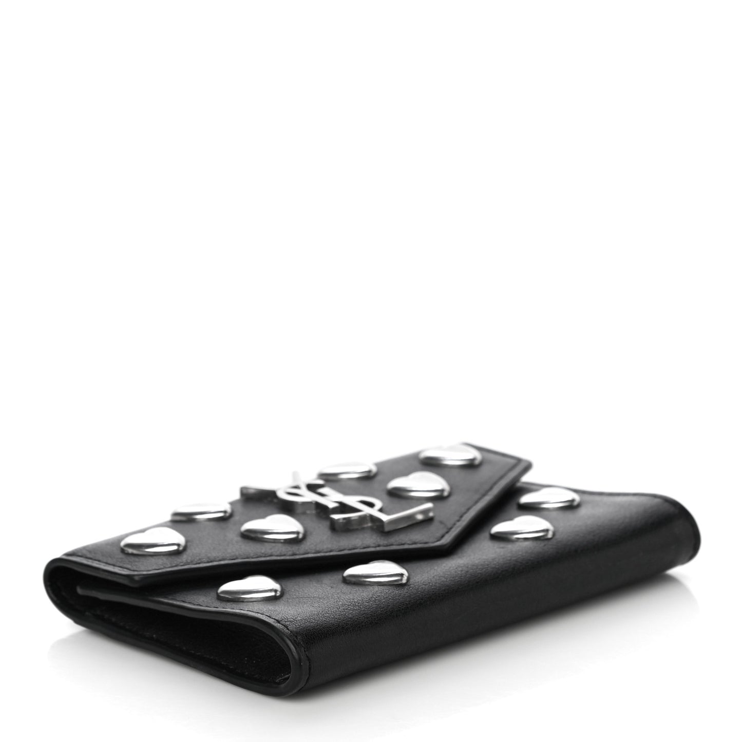Calfskin Heart Studded Small Envelope Wallet Black