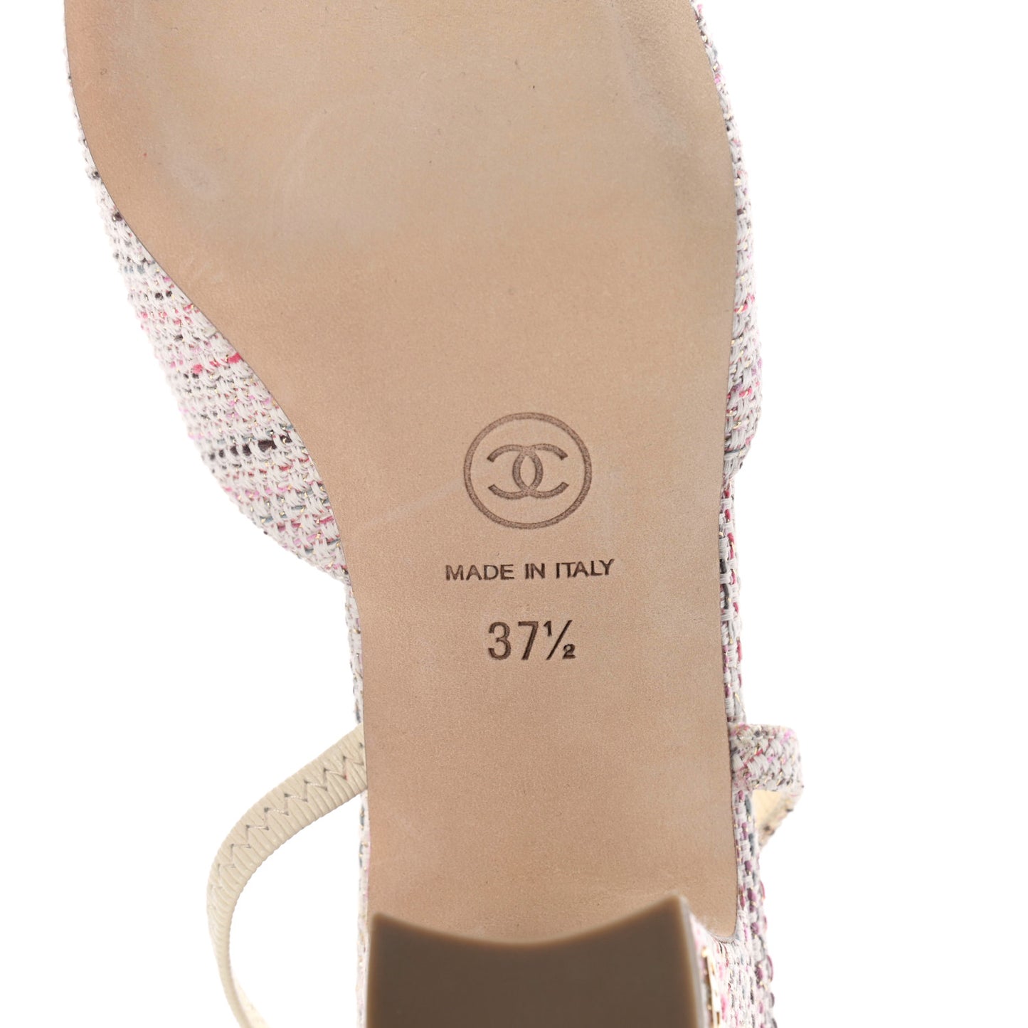 Tweed Patent Cap Toe CC Slingback Pumps 37.5 Pink White