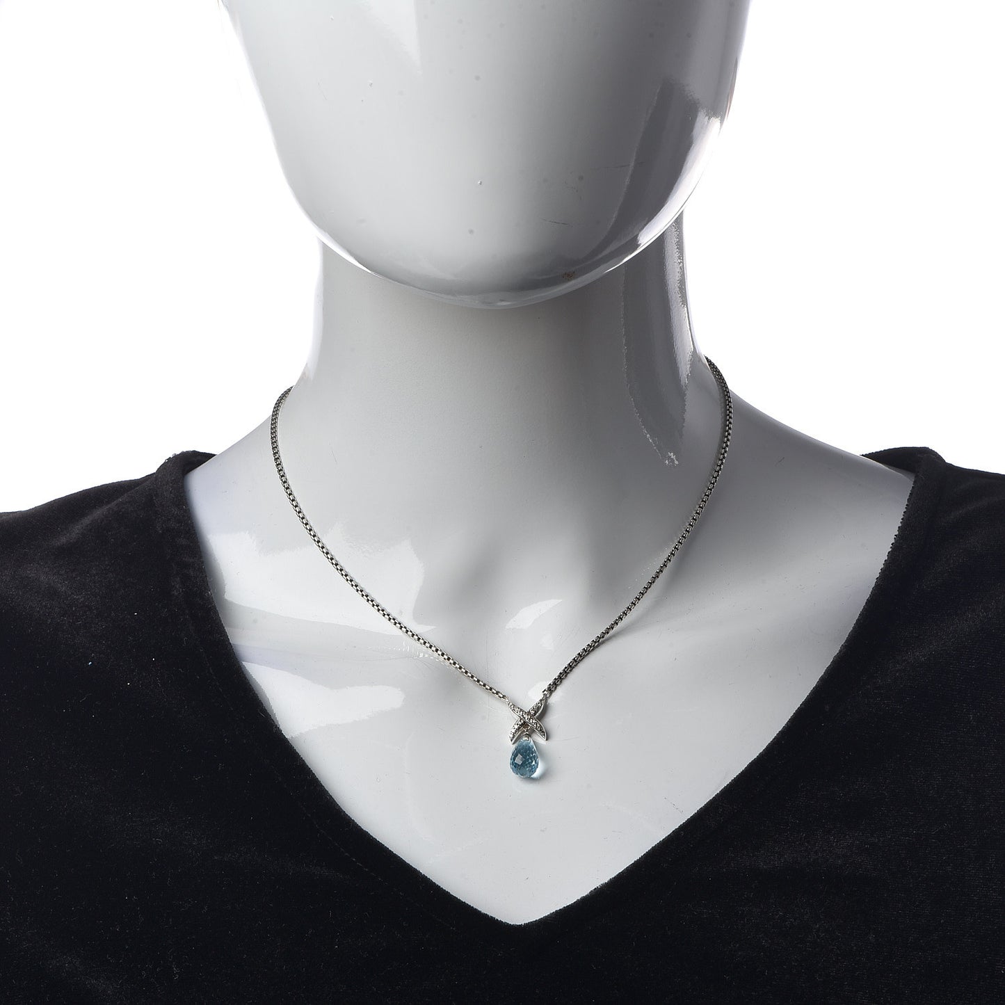 Sterling Silver Blue Topaz Diamond Briolette X Pendant Necklace
