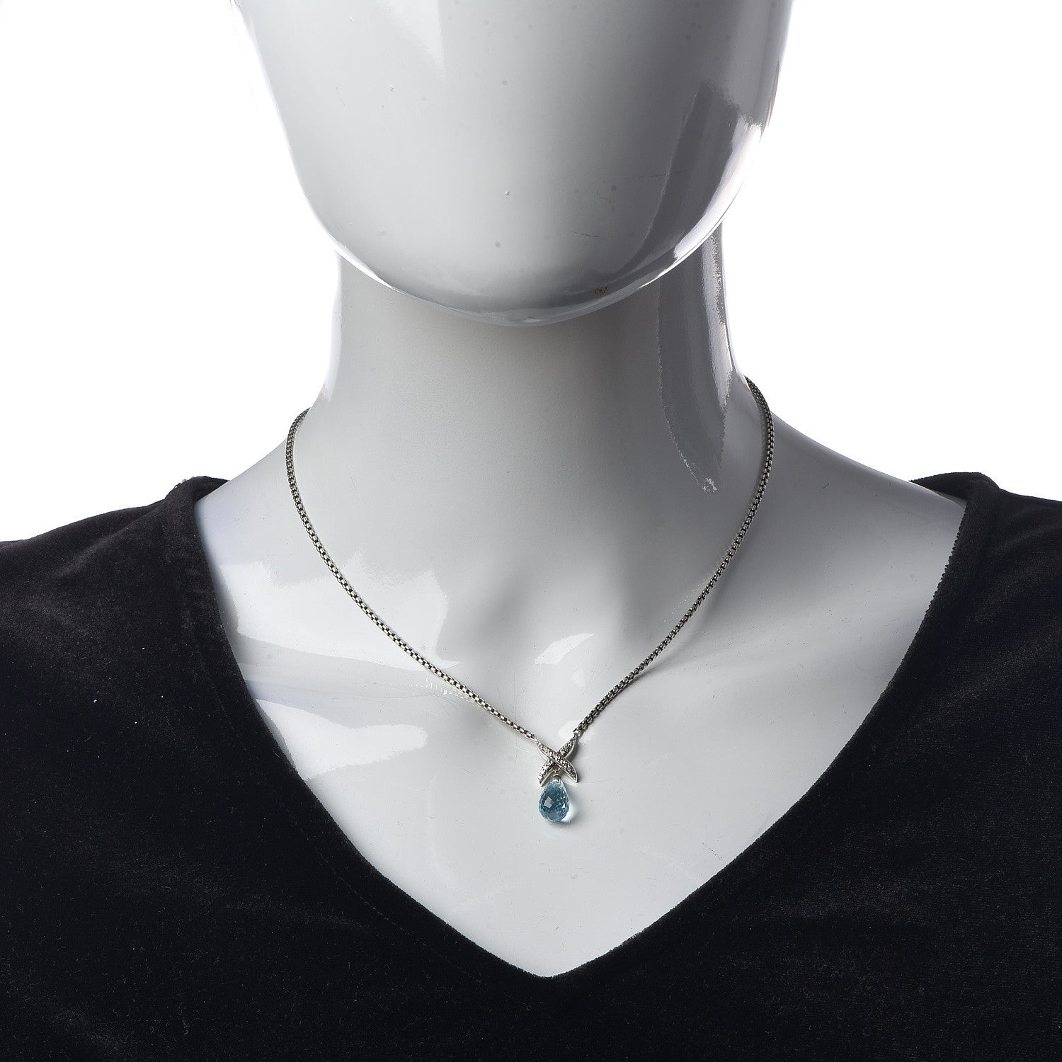 David Yurman Sterling Silver Blue Topaz Diamond Briolette X Pendant Necklace 2 of 6