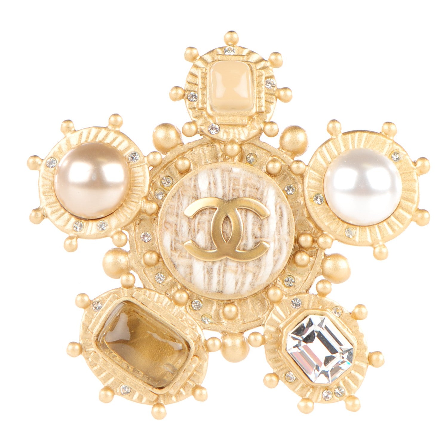 Chanel Tweed Gripoix Crystal Pearl CC Brooch Gold 1 of 5