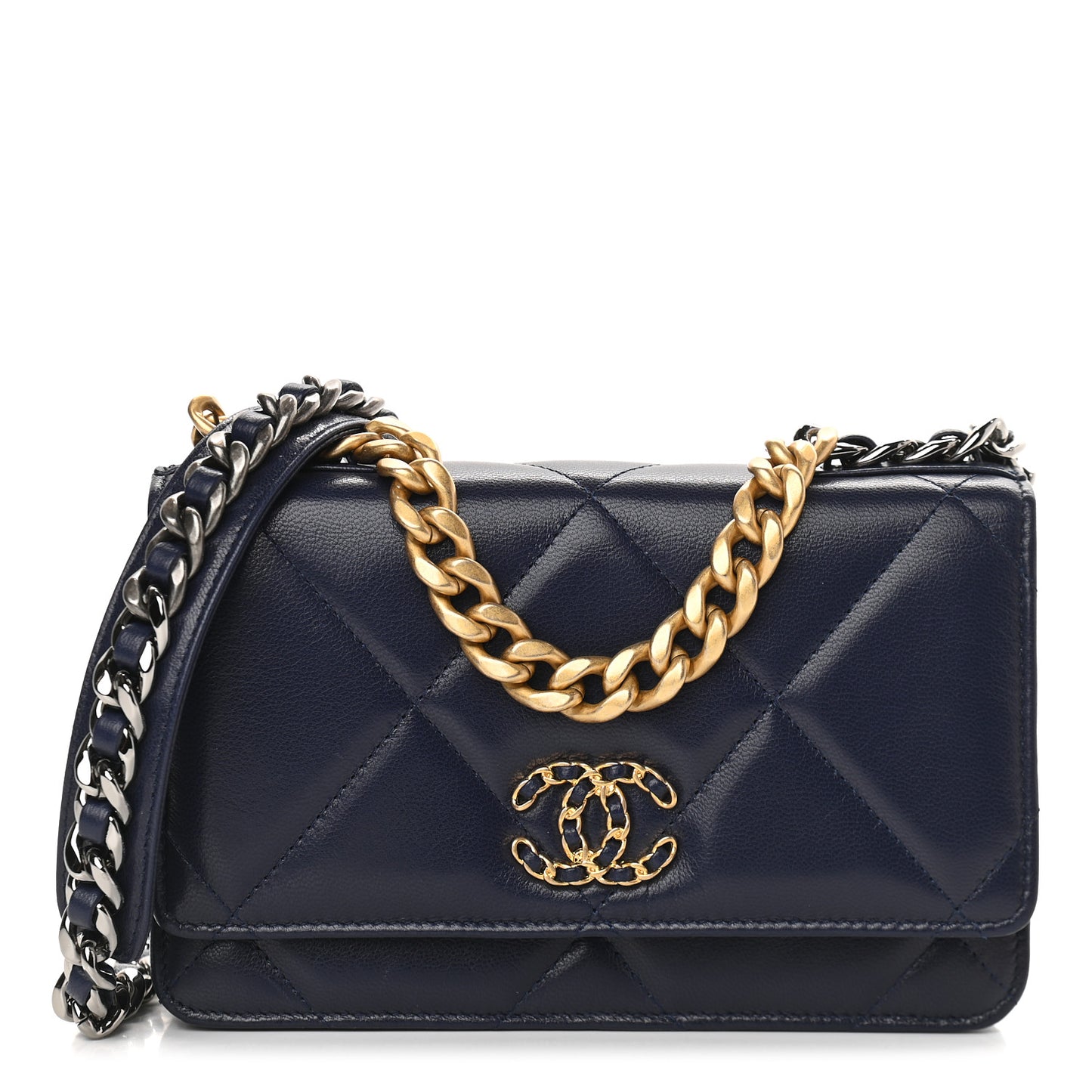 Shiny Goatskin Quilted Chanel 19 Wallet On Chain WOC Dark Blue