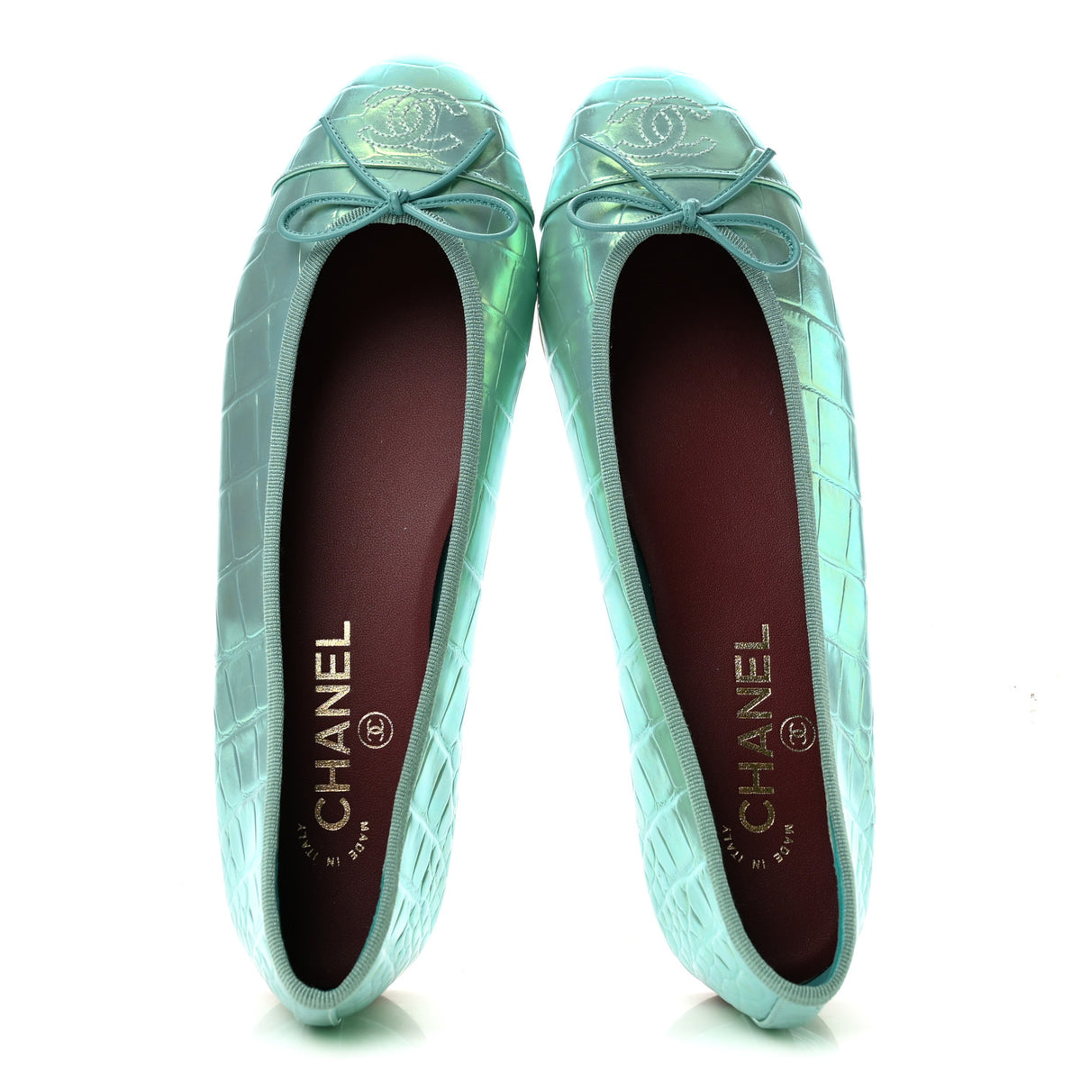 Chanel Iridescent Calfskin Crocodile Embossed Ballerina Flats 39.5 Green 2 of 10