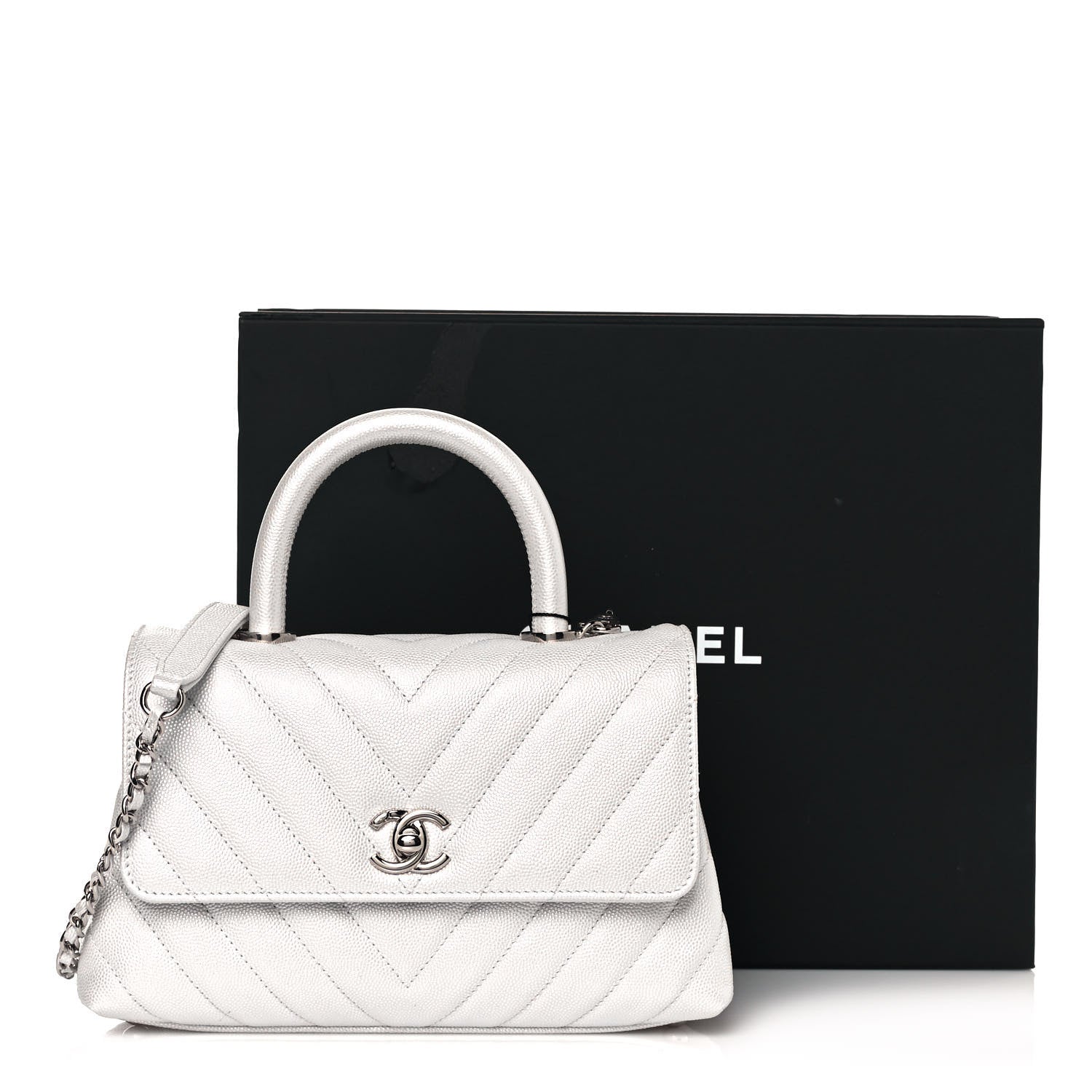 Chanel Iridescent Caviar Chevron Quilted Mini Coco Handle Flap White 12 of 12