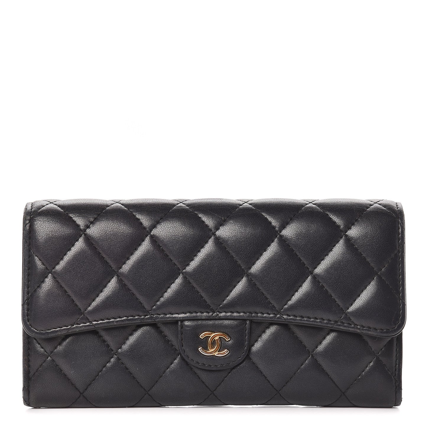 Lambskin Quilted Large Gusset Flap Wallet Black