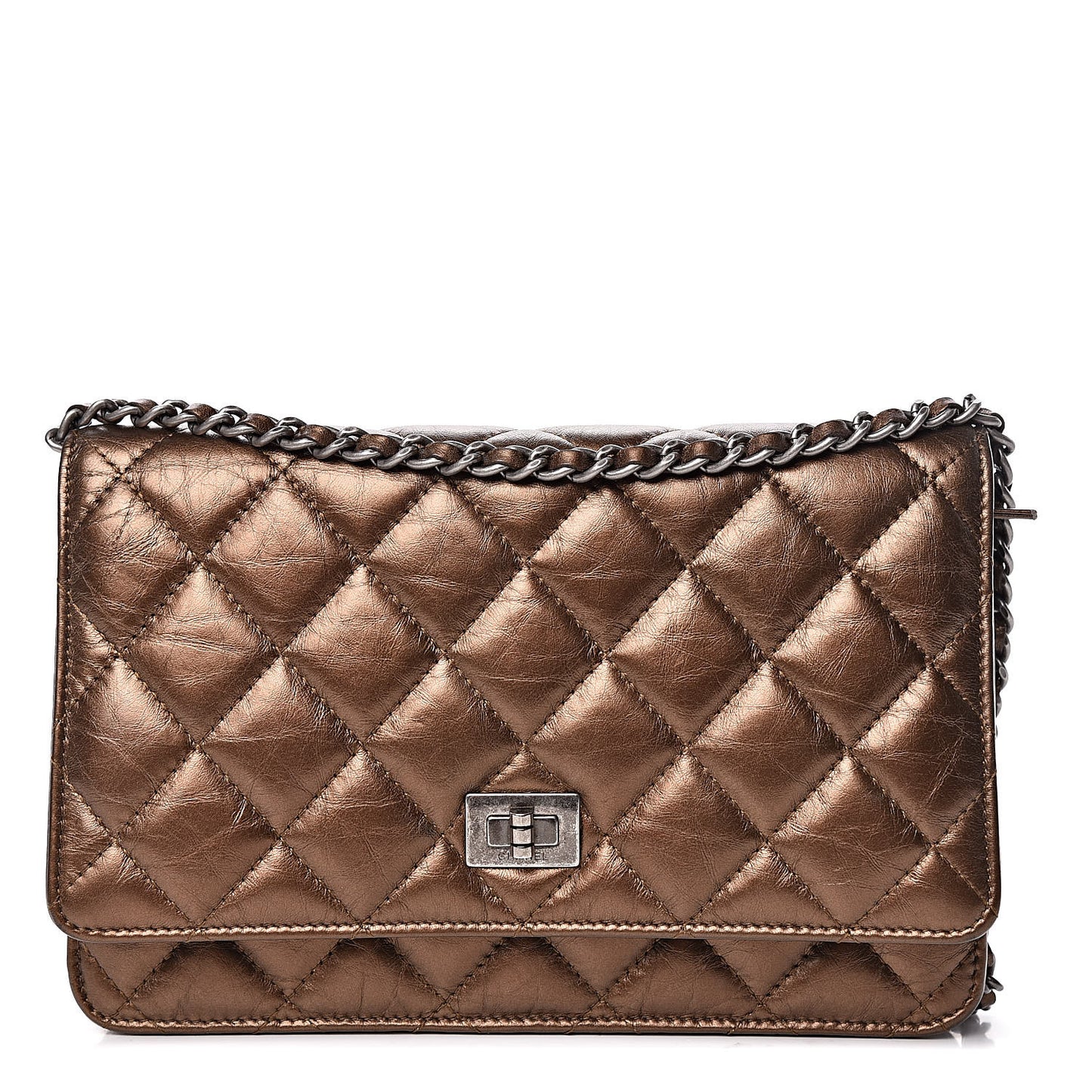 Metallic Aged Calfskin Quilted Reissue Wallet On Chain WOC Bronze