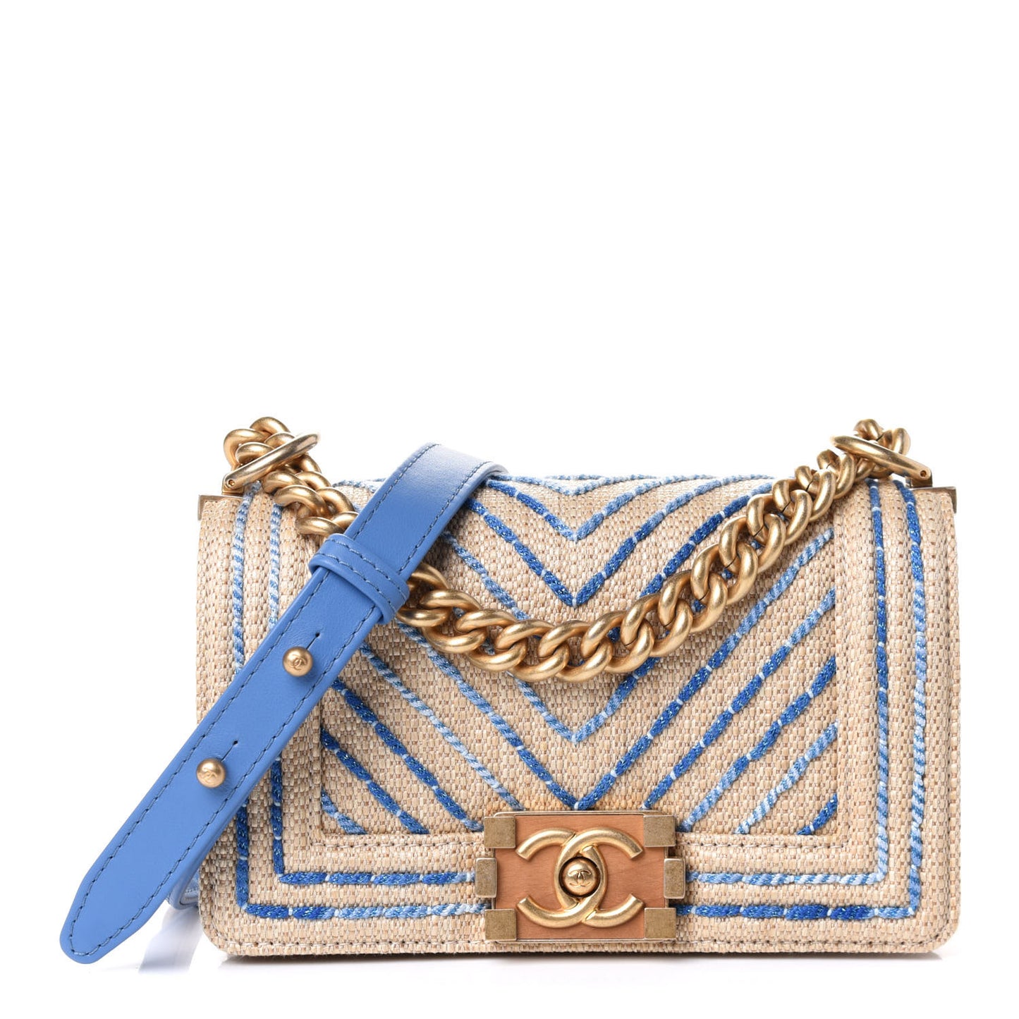 Cotton Canvas Calfskin Chevron Embroidered Small Boy Flap Beige Blue