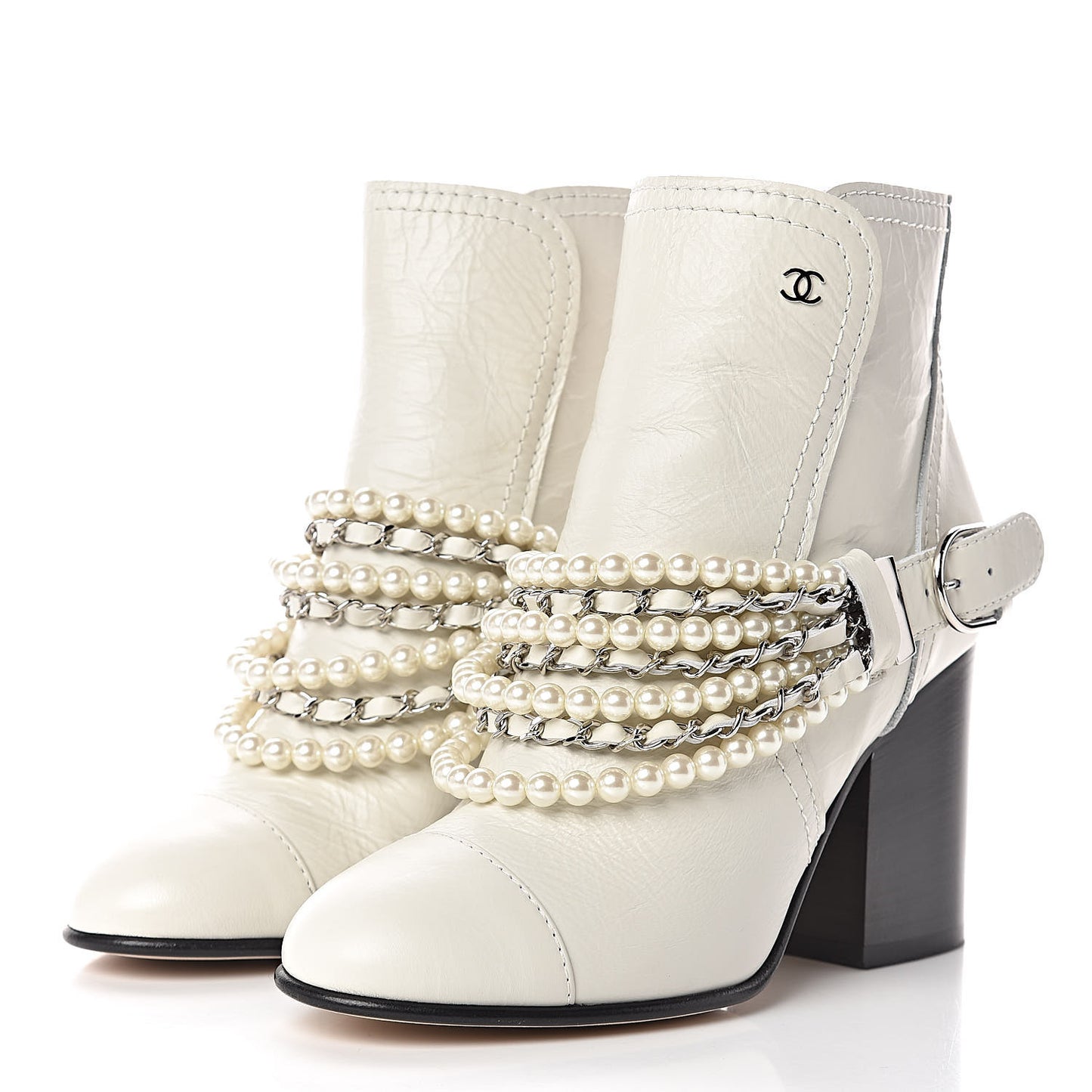 Crackled Calfskin Pearl Chain CC Short Boots 36.5 White