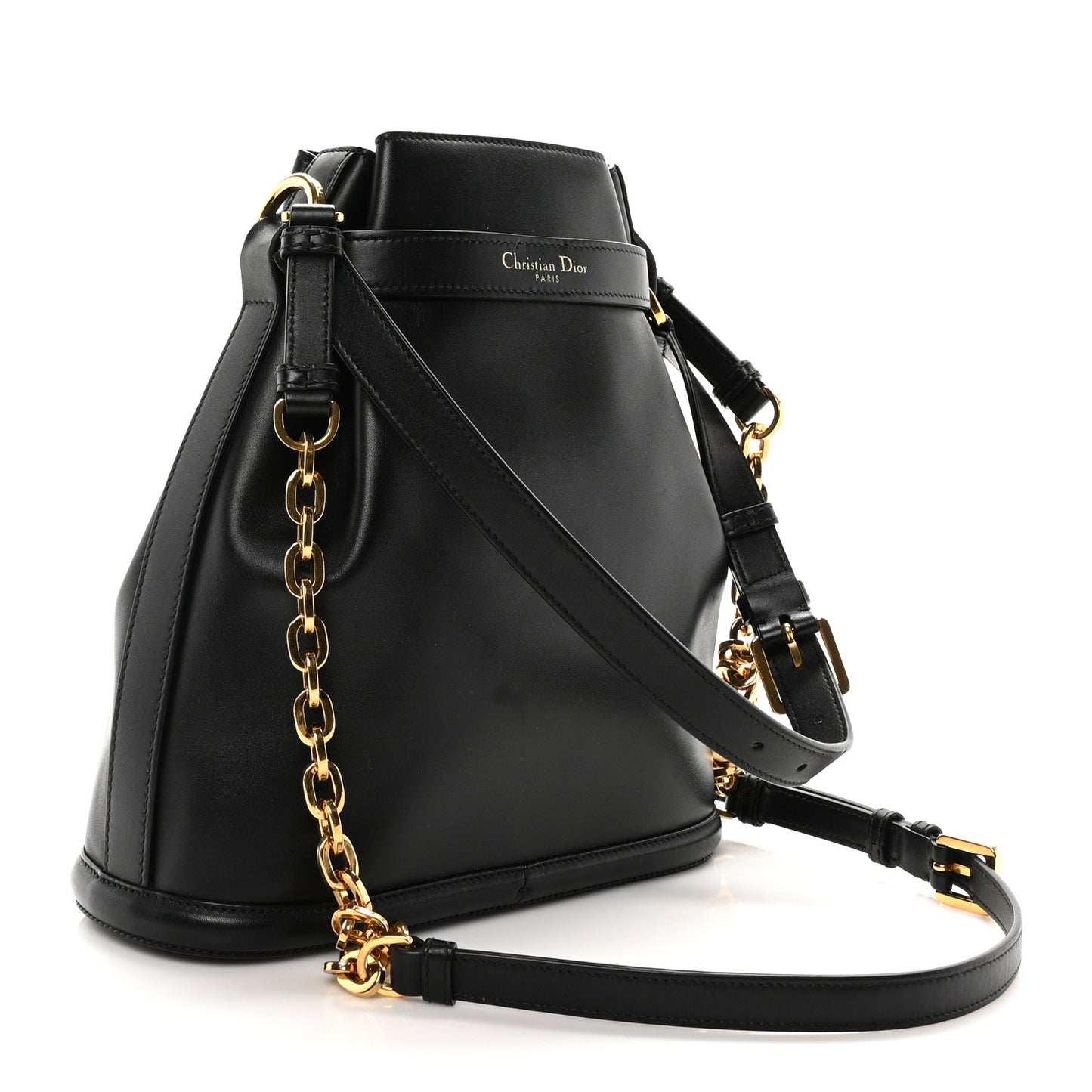 Calfskin CD Embossed Medium C'est Chain Bucket Bag Black