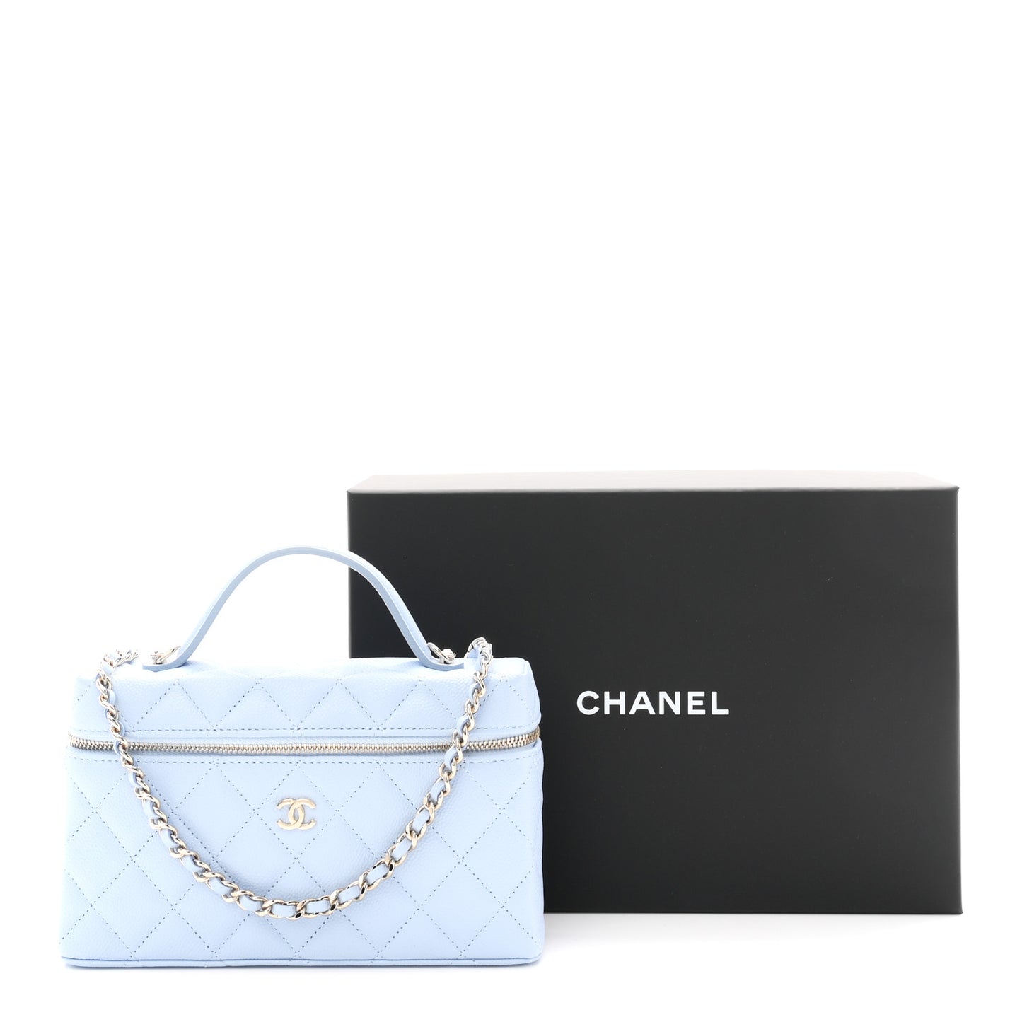 Caviar Quilted Top Handle Slim Vanity With Chain Light Blue