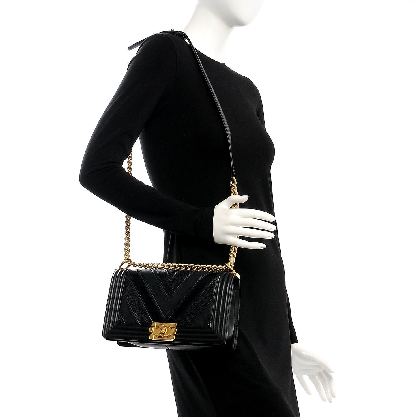 Caviar Suede Calfskin Chevron Medium Boy Flap Black