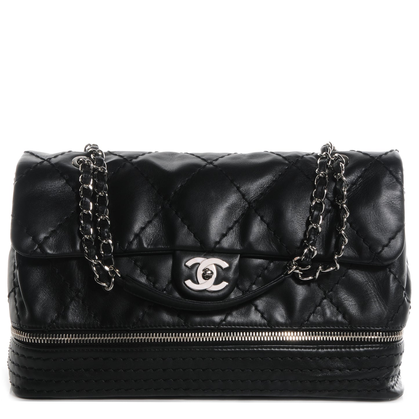 Calfskin Large Expandable Flap Bag Black