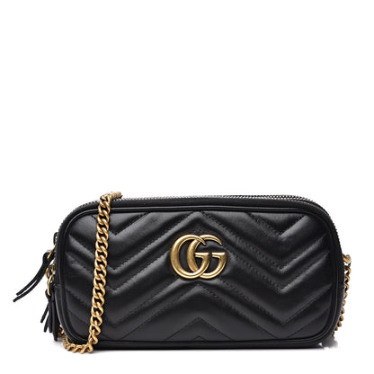 Gucci Calfskin Matelasse Mini GG Marmont Chain Crossbody Bag Black 1 of 12
