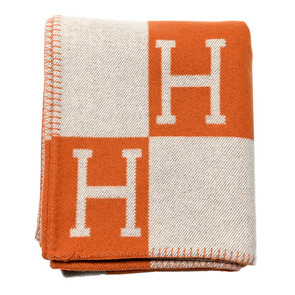 Hermes Wool Cashmere Signature Classic Avalon Blanket Ecru Potiron 1 of 4