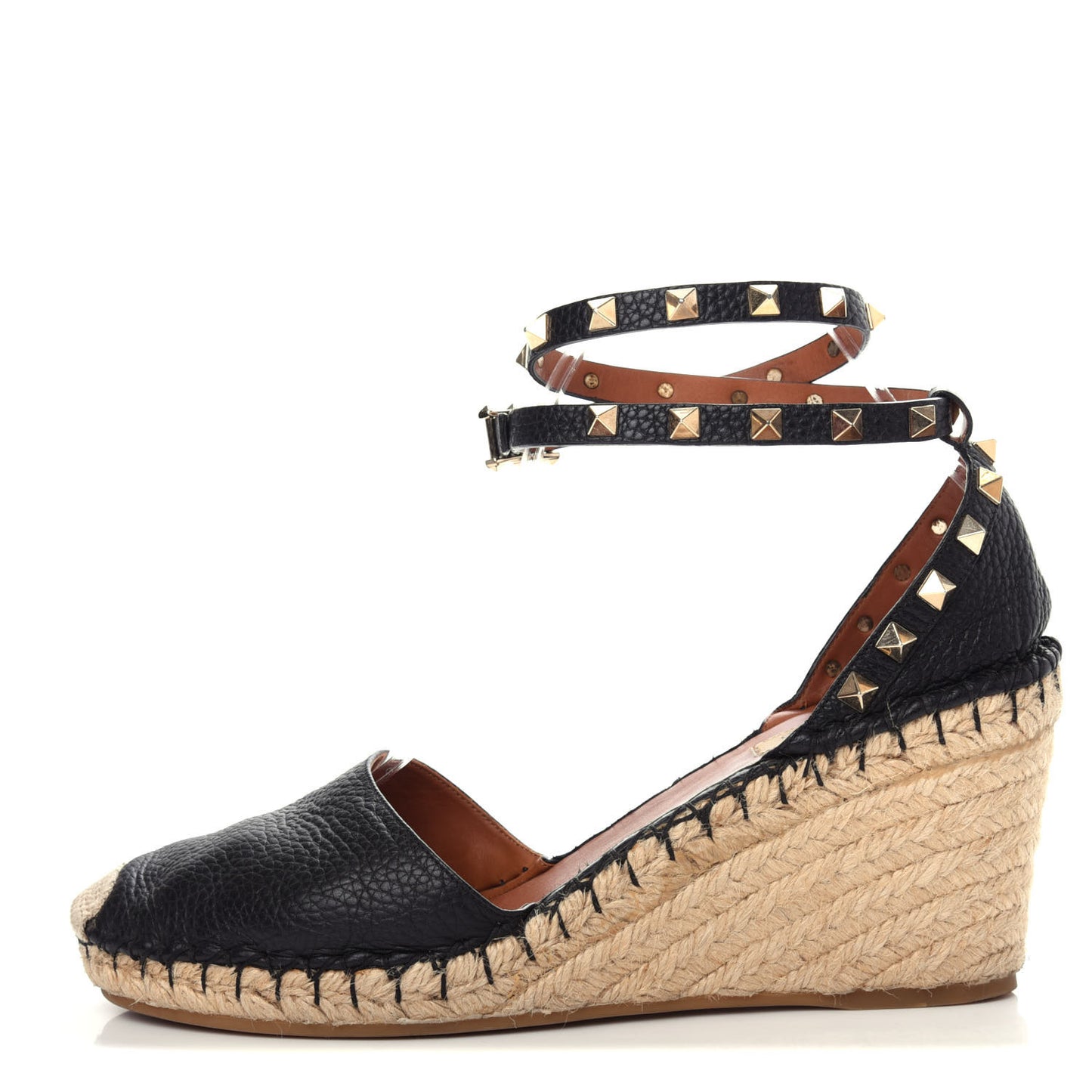 Grained Calfskin Rockstud Ankle Wrap Espadrille 15/85mm Wedges 41 Black Light Cuir
