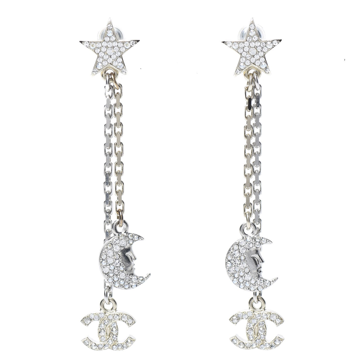Chanel Crystal CC Star Moon Dangle Earrings Silver Gold 1 of 5