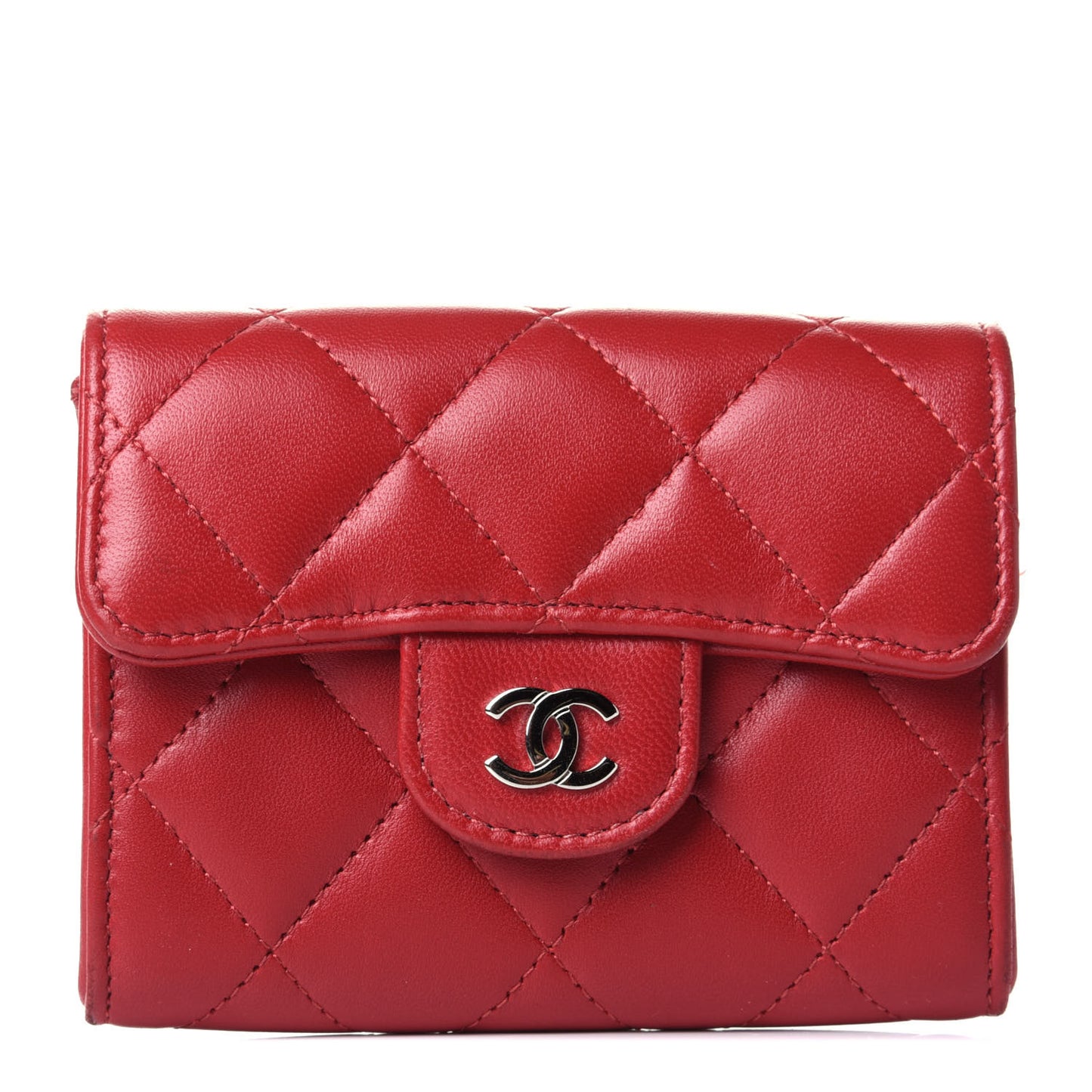 Lambskin Quilted Flap Card Holder Wallet Red