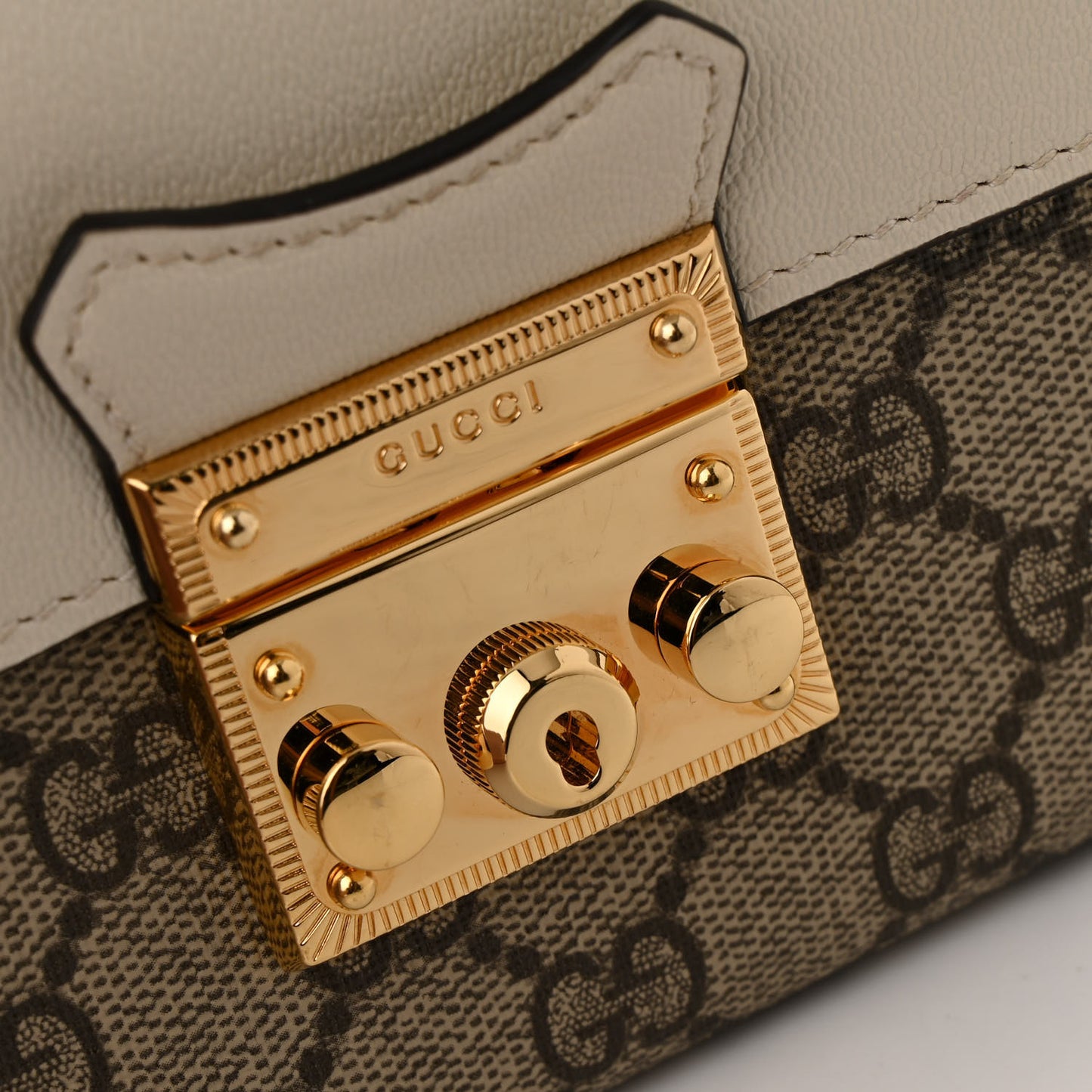 GG Supreme Monogram New Sakai Calfskin Mini Padlock Top Handle Shoulder Bag Beige Ebony Mystic White Sun Oil