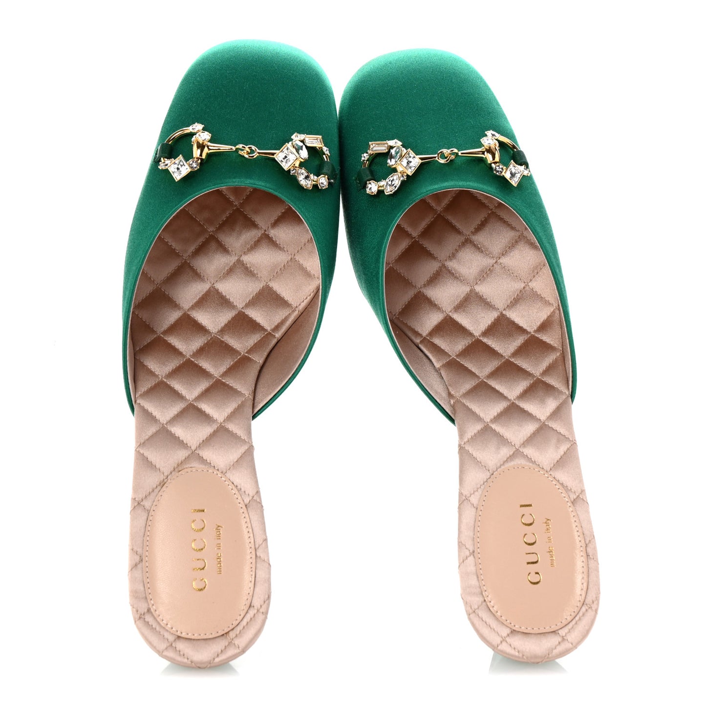 Silk Satin Crystal Embellished Horsebit Mules 36.5 Shamarock Emerald
