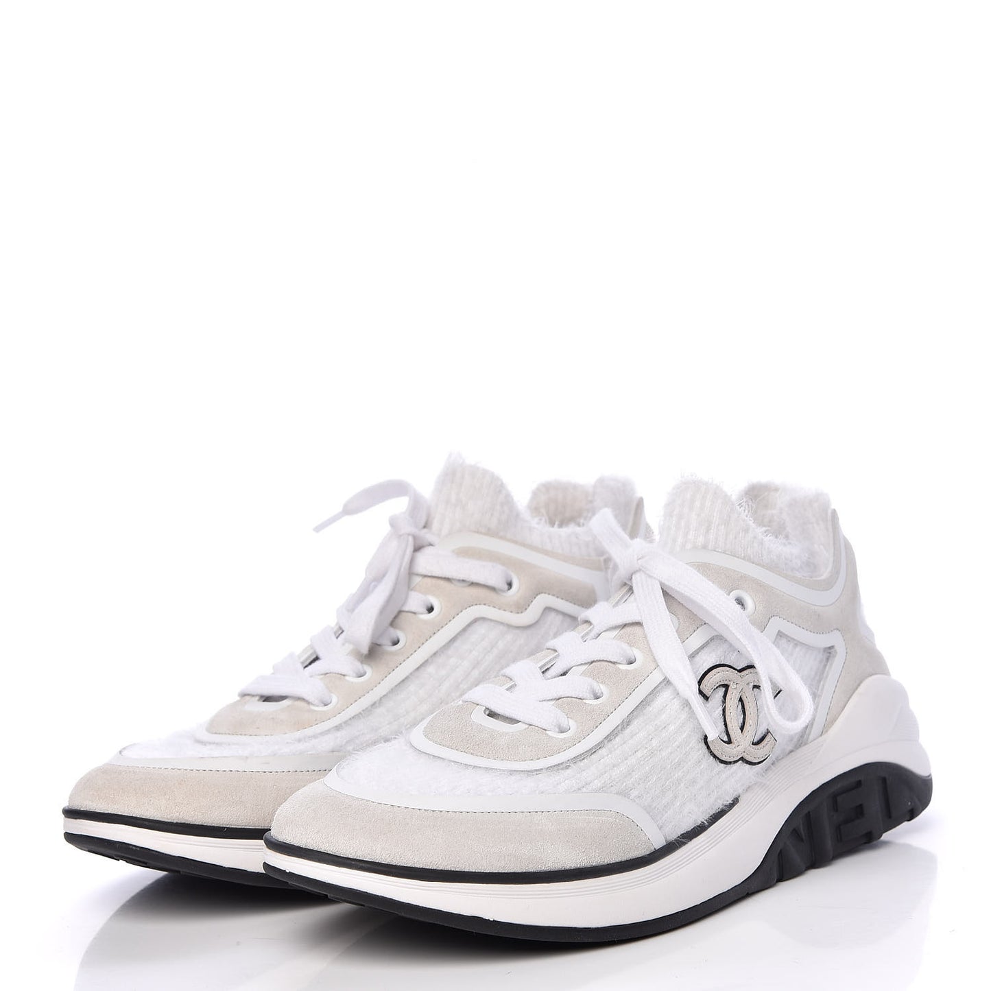 Suede Calfskin Stretch Fabric CC Sneakers 37 White