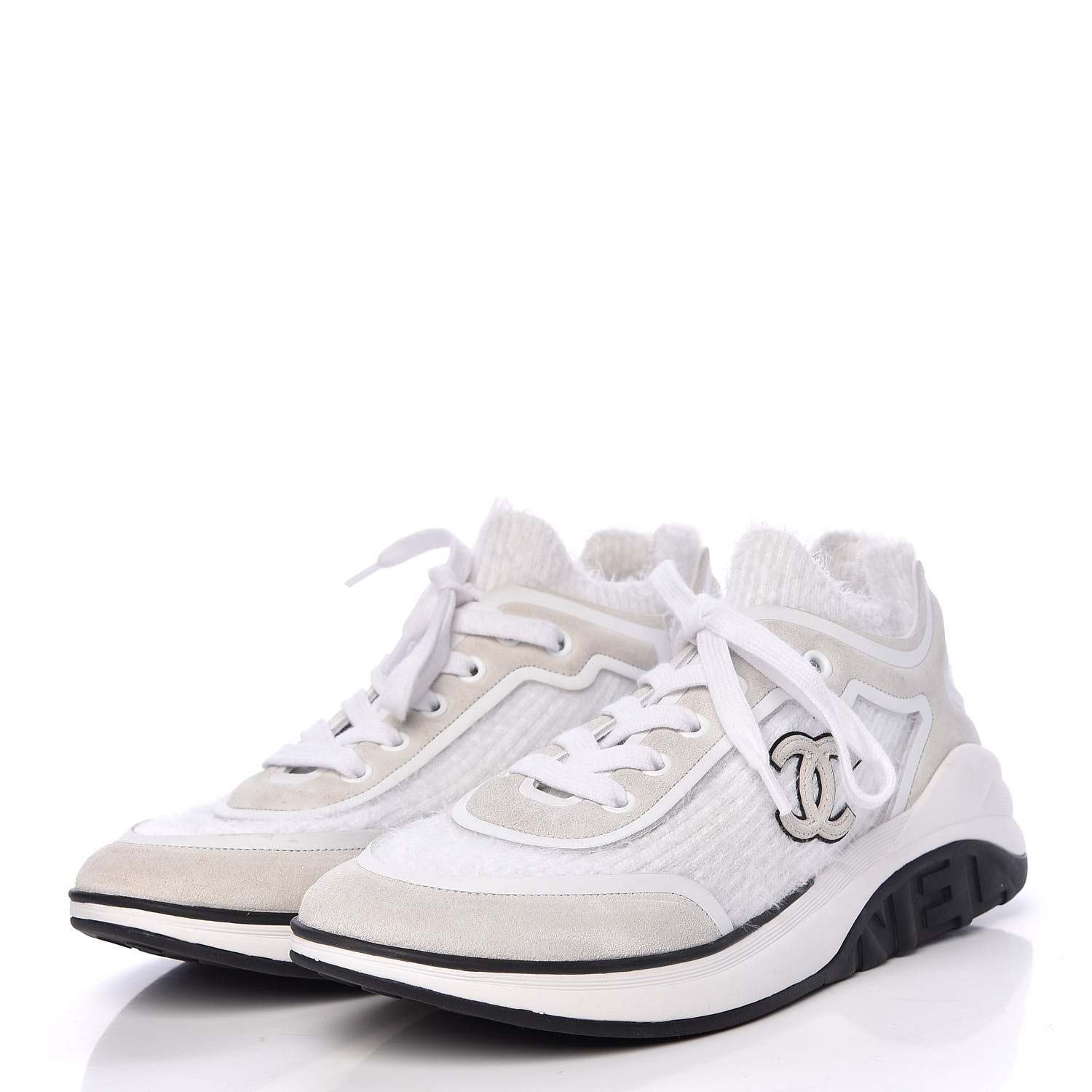 Chanel Suede Calfskin Stretch Fabric CC Sneakers 37 White 3 of 8