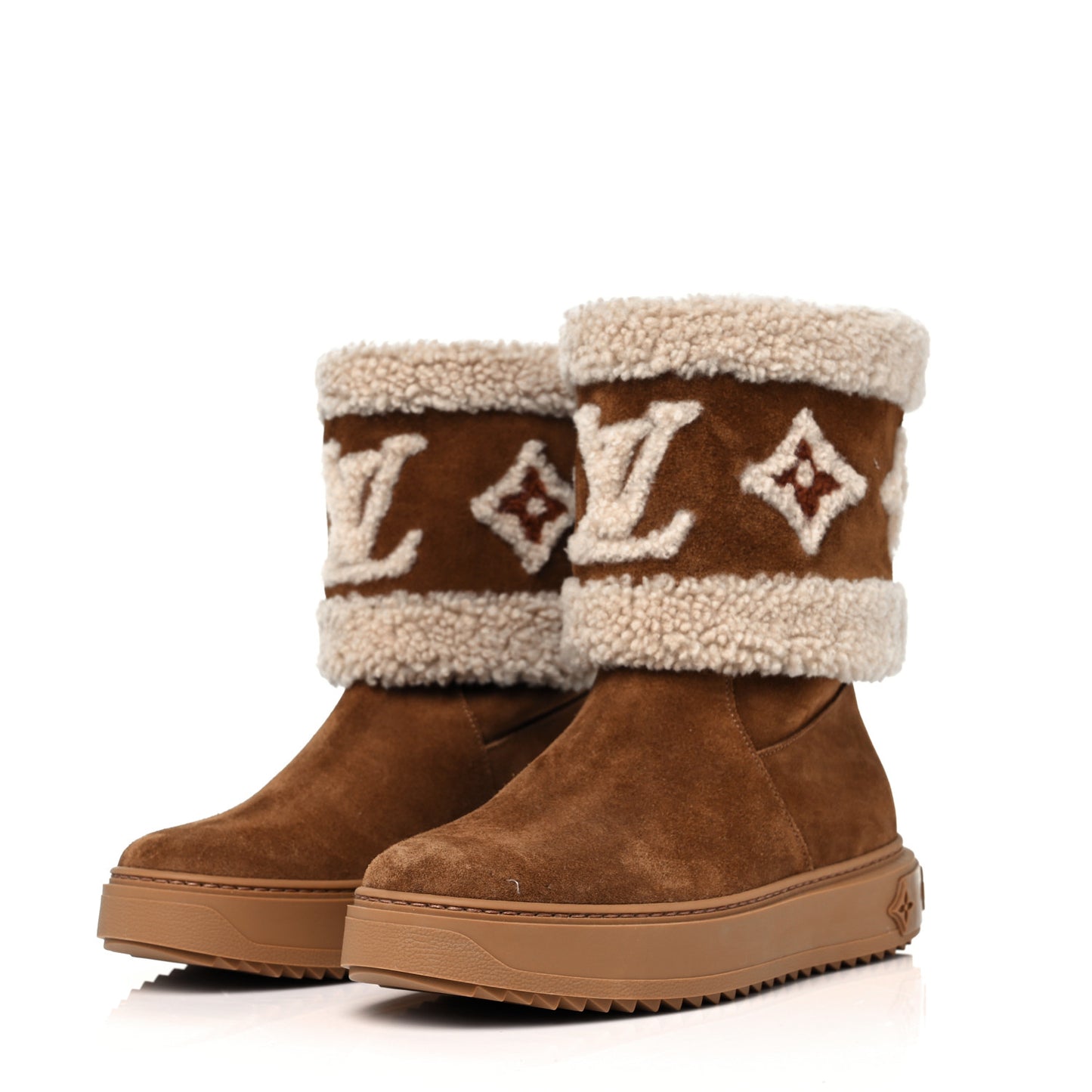 Suede Calfskin Shearling Snowdrop Flat Ankle Boot 38 Cognac