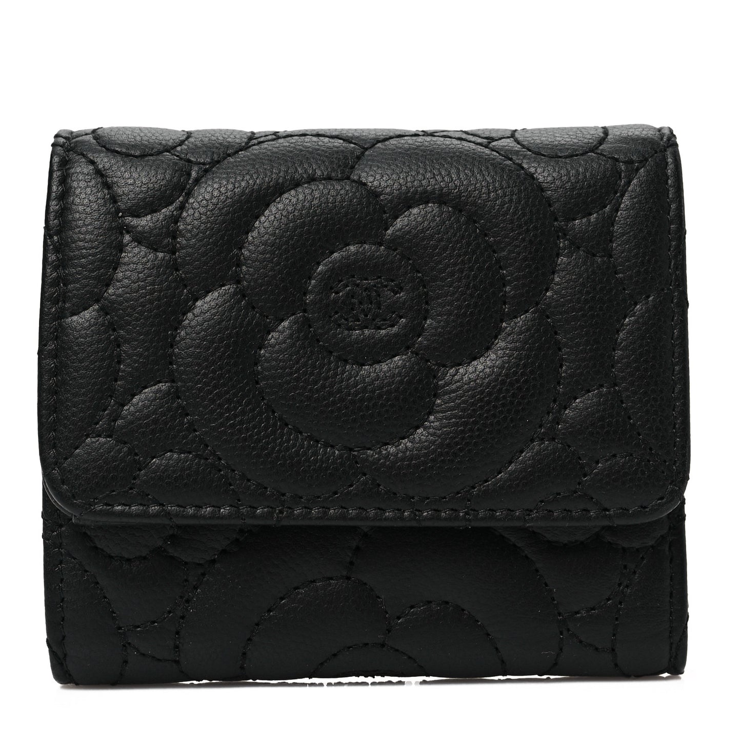 Caviar Camellia Embossed Compact Wallet Black