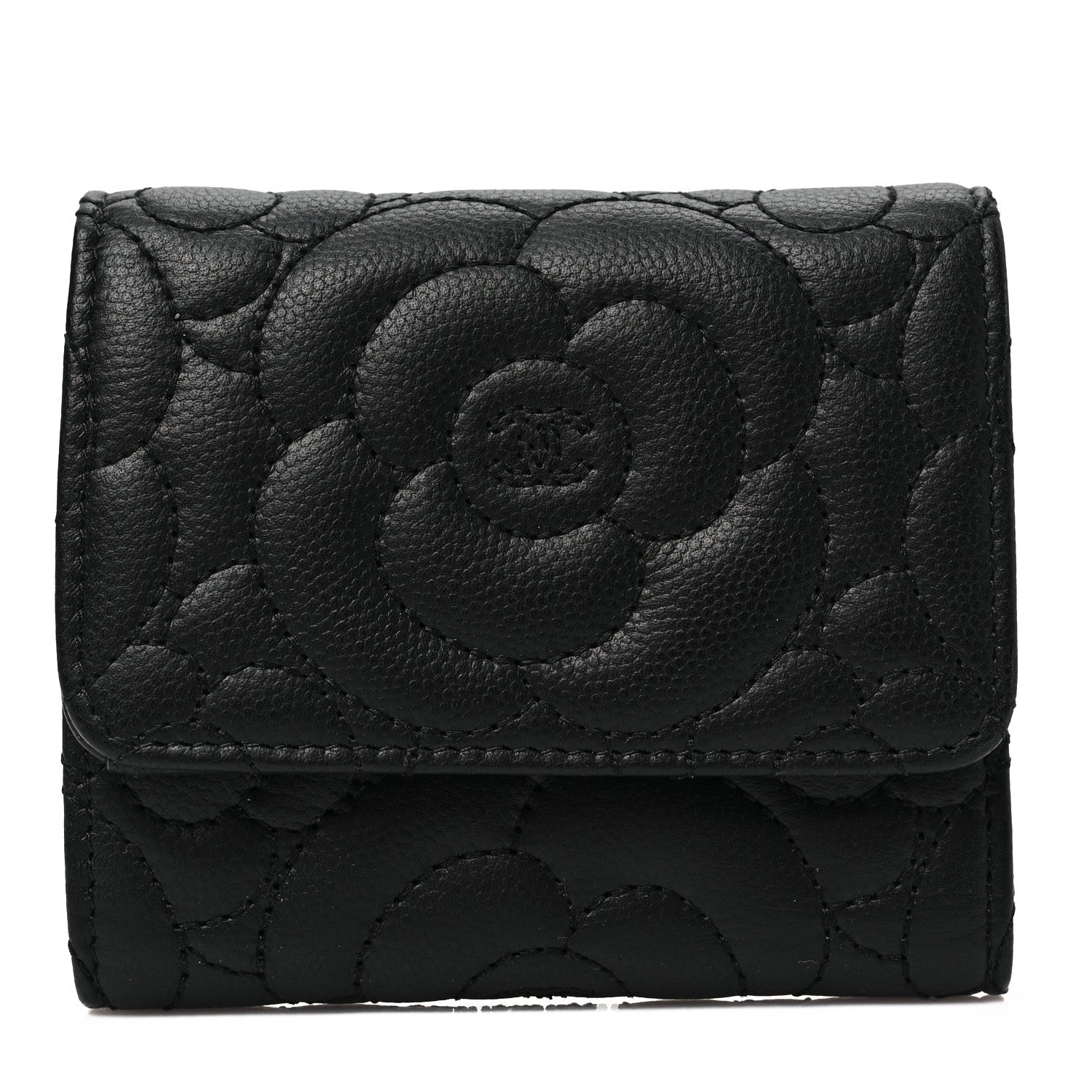 Chanel Caviar Camellia Embossed Compact Wallet Black 2 of 16
