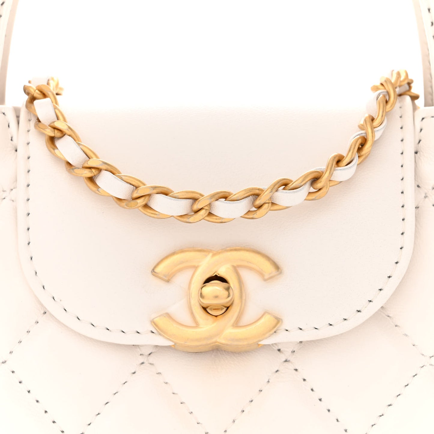 Shiny Aged Calfskin Quilted Nano Kelly Shopper White