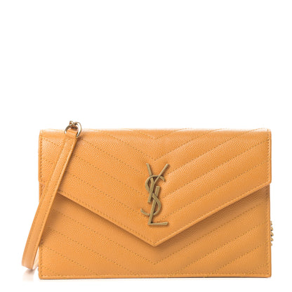 Saint Laurent Grain De Poudre Matelasse Chevron Monogram Envelope Chain Wallet Senape Yellow 1 of 10