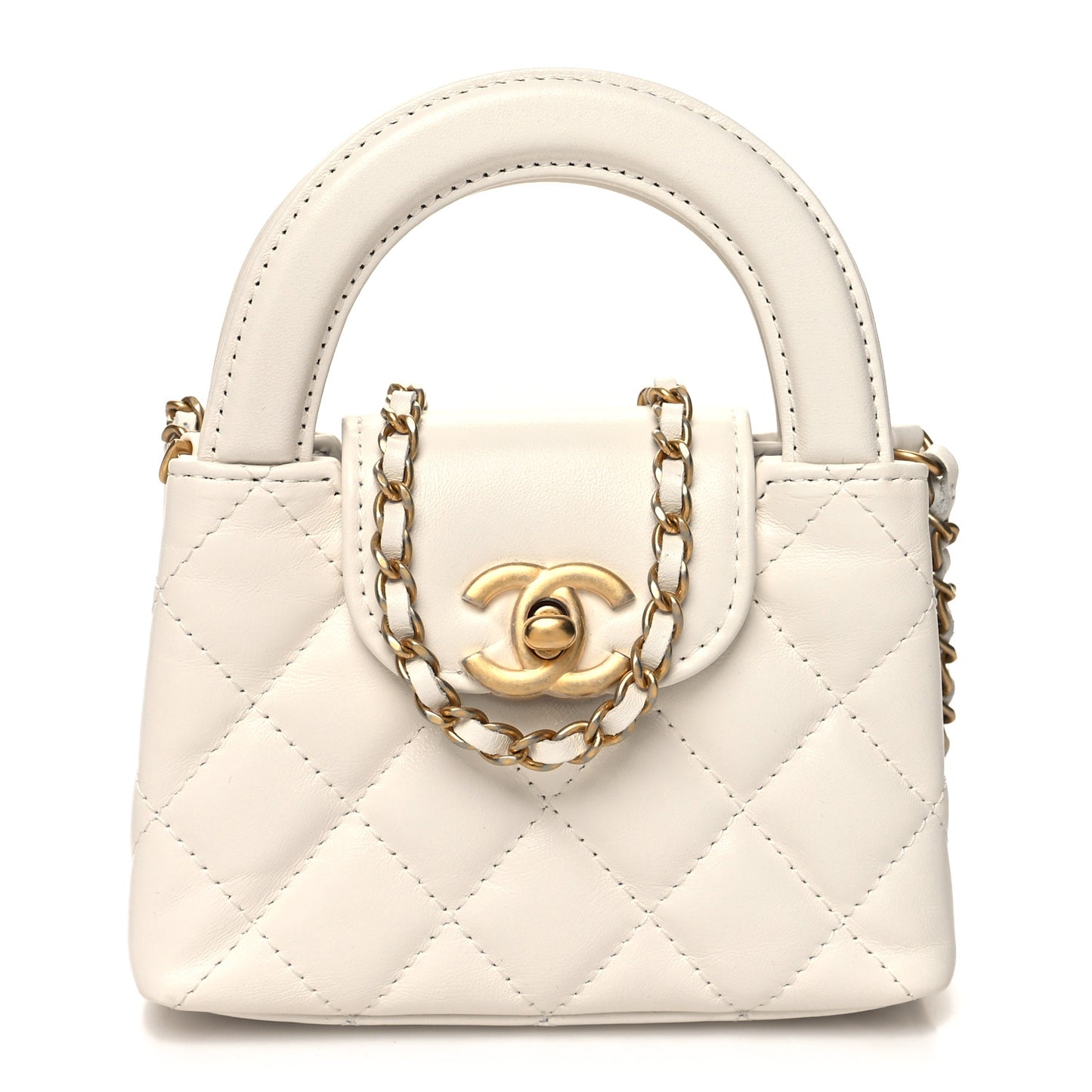 Shiny Aged Calfskin Quilted Mini Nano Kelly Shopper White