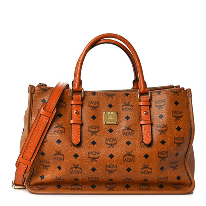 MCM Visetos Calfskin Crocodile Embossed Double Zip Tote Cognac 1 of 12