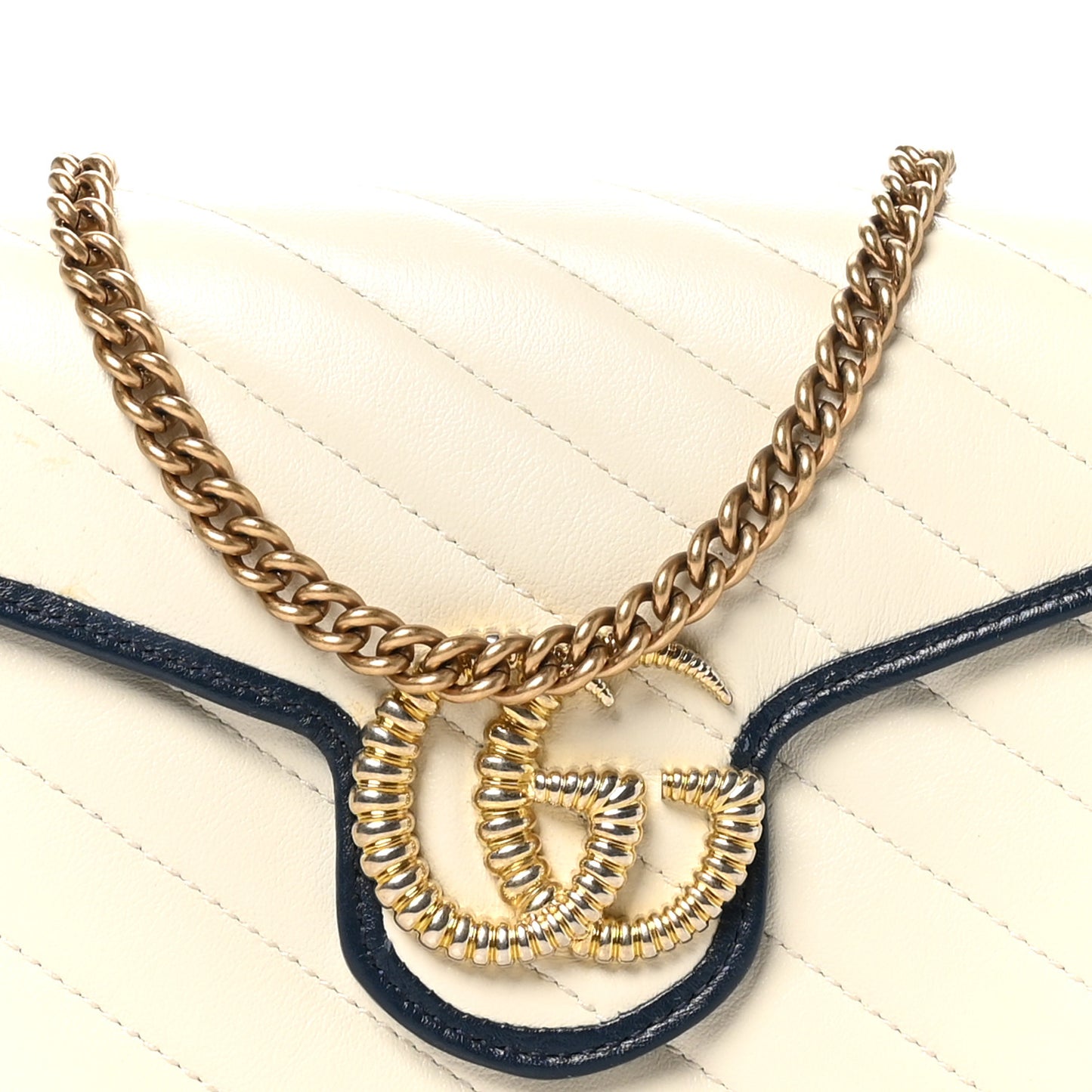 Vintage Effect Calfskin Matelasse Diagonal Torchon GG Marmont Chain Wallet Mystic White Blue Agata