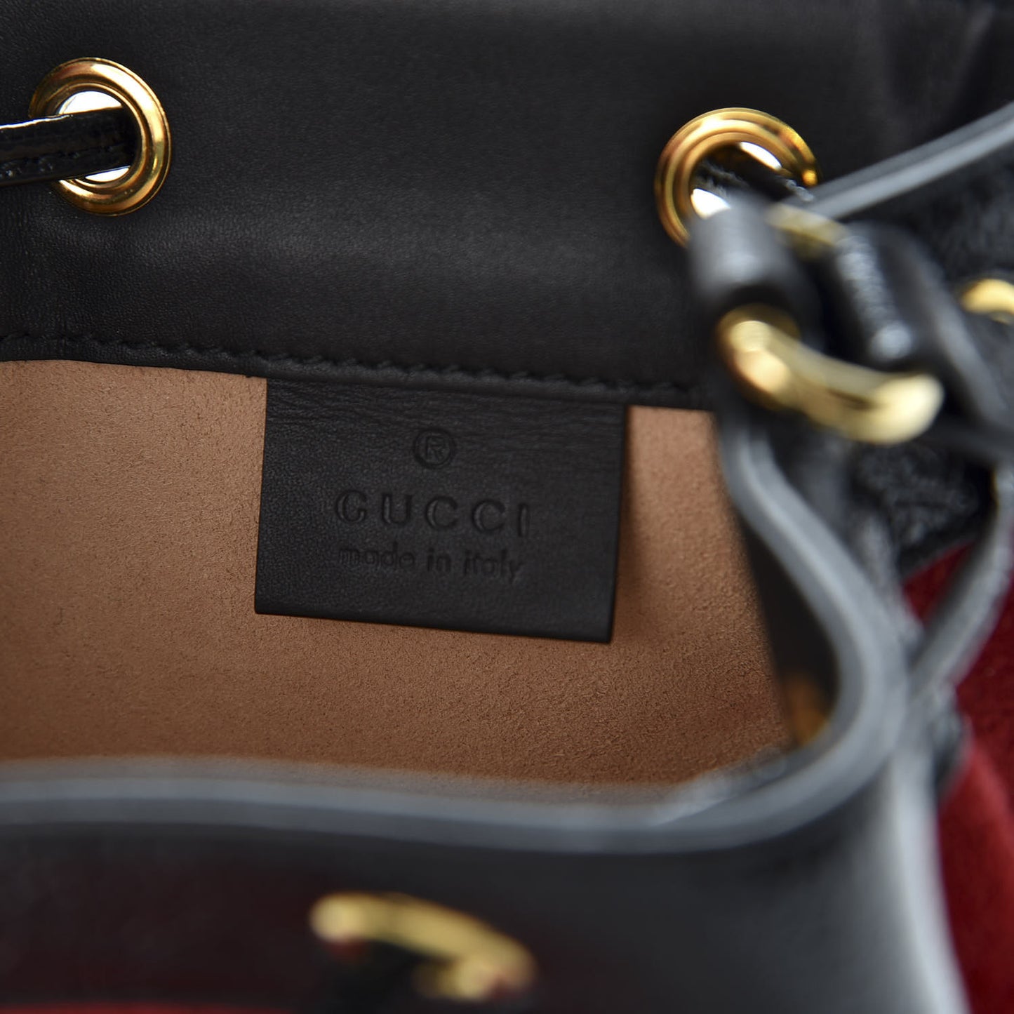 Suede Patent Web Mini Ophidia Bucket Bag Hibiscus Red Black