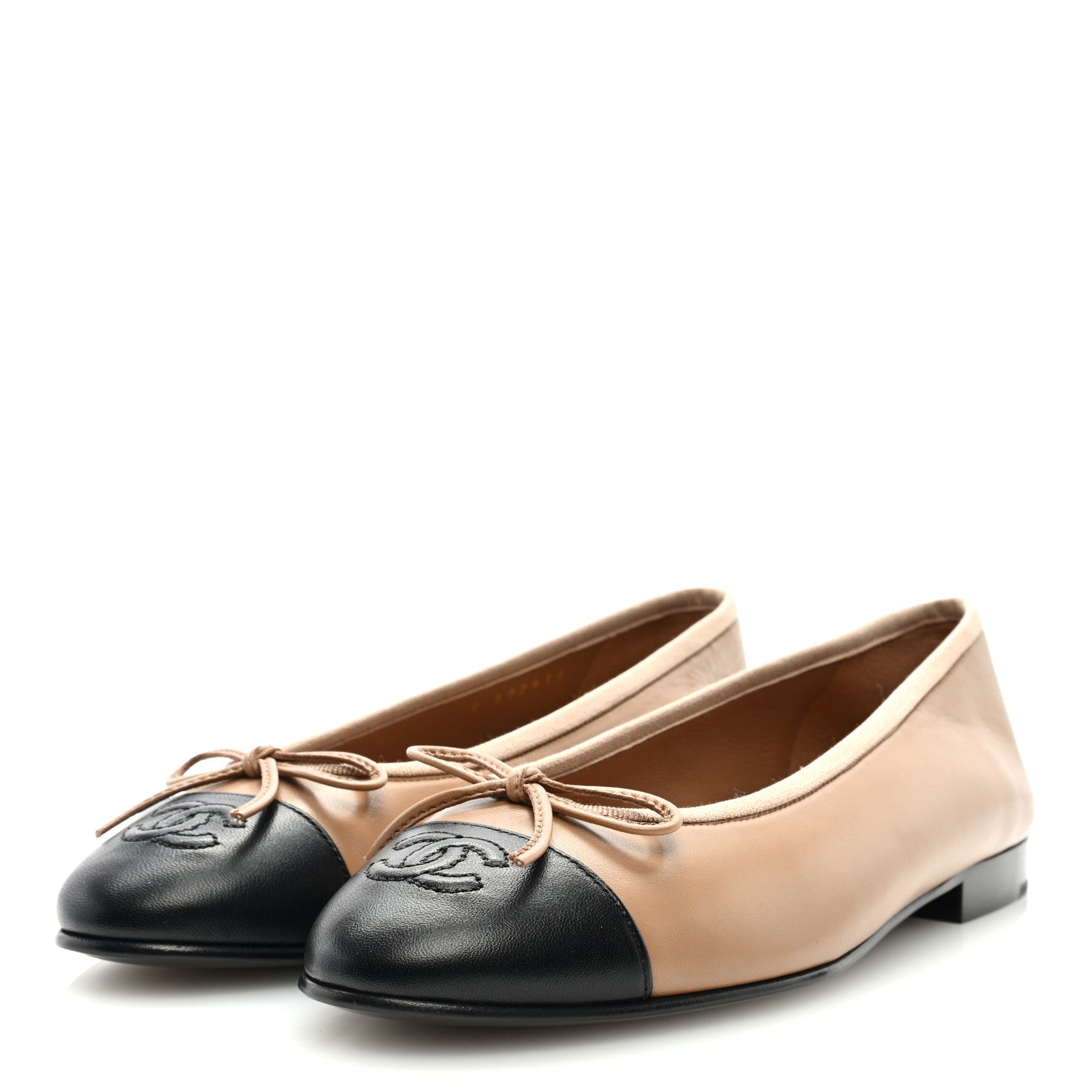 Chanel Lambskin Cap Toe CC Ballerina Flats 37.5 Beige Black 3 of 9