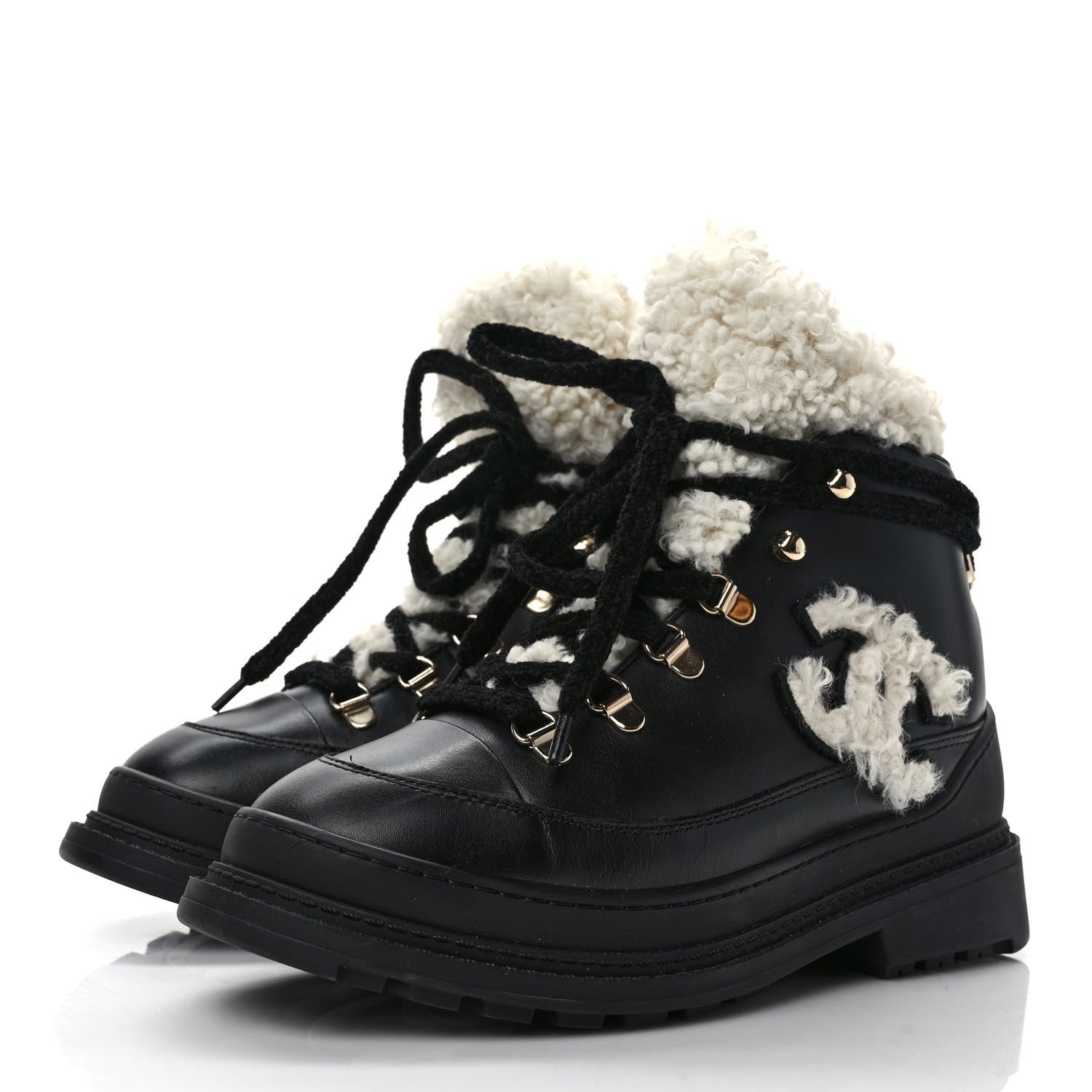 Chanel Calfskin Shearling CC Lace Up Boots 37 Black 3 of 10