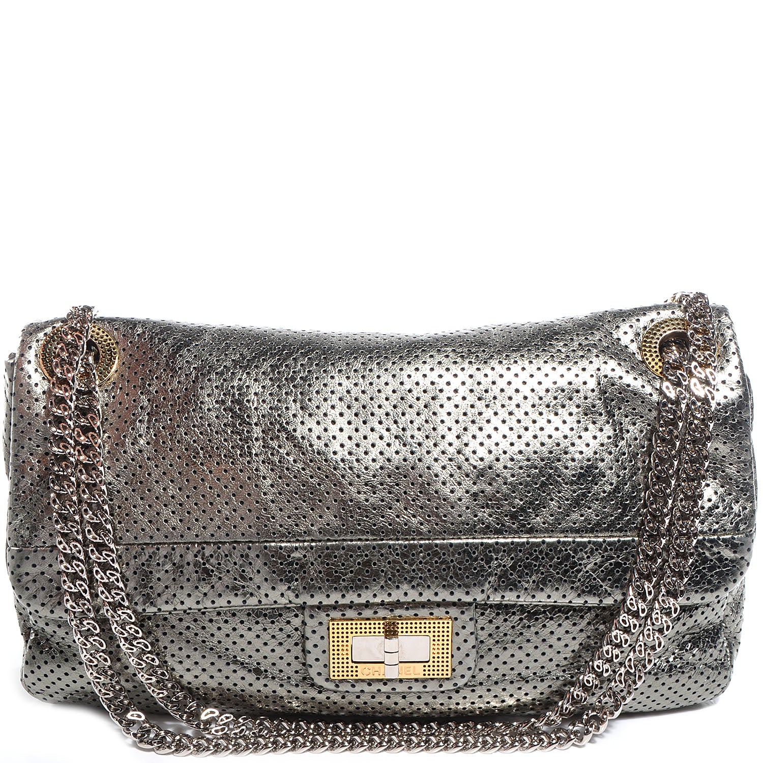 Chanel Metallic Crackled Calfskin Perforated Large Drill Flap Silver 1 of 8