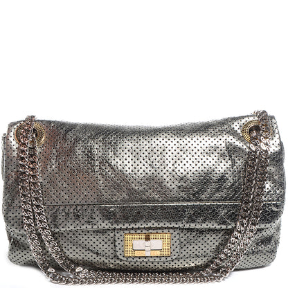 Chanel Metallic Crackled Calfskin Perforated Large Drill Flap Silver 1 of 8