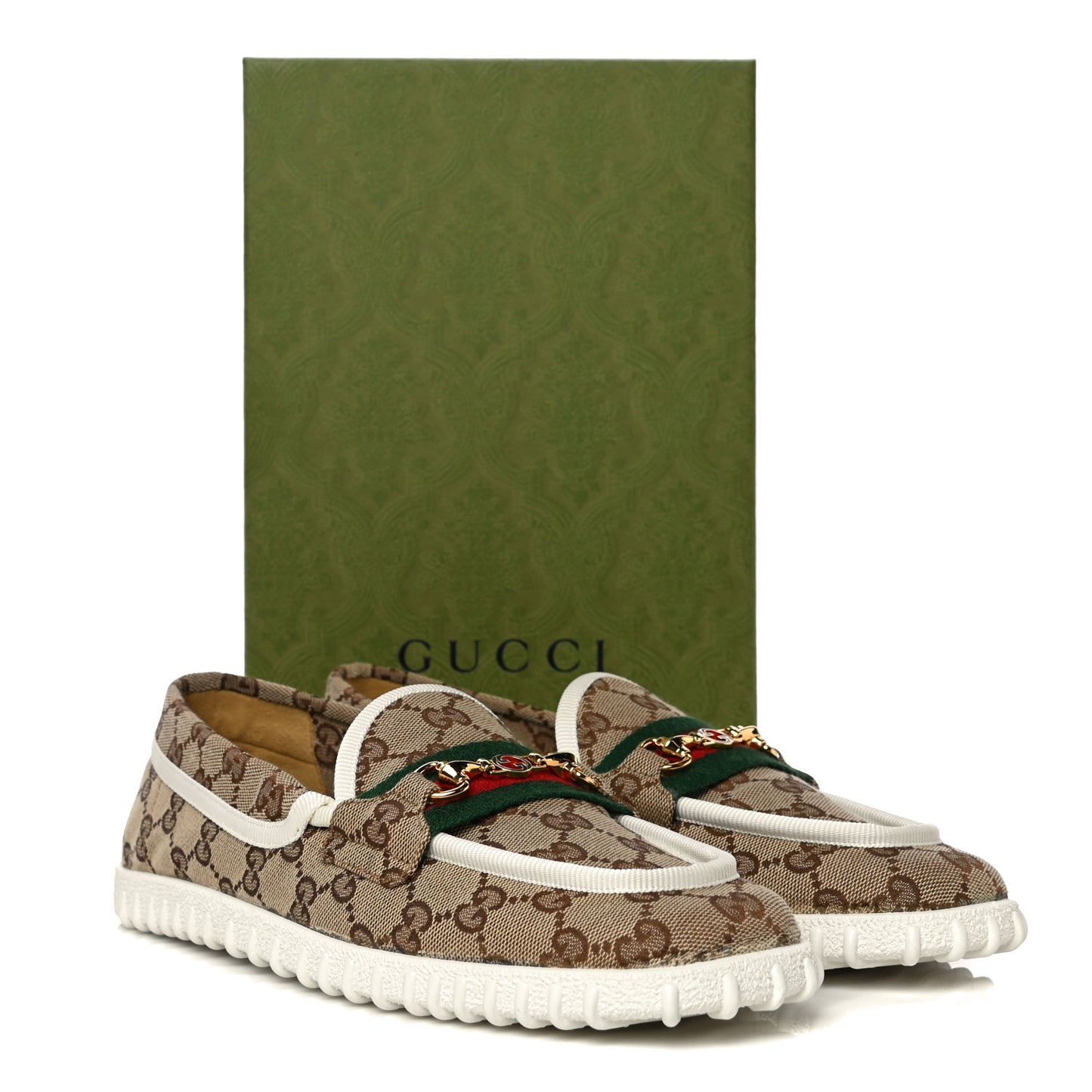 GG Monogram Horsebit Web Womens Driver Loafers 41 Beige Ebony White