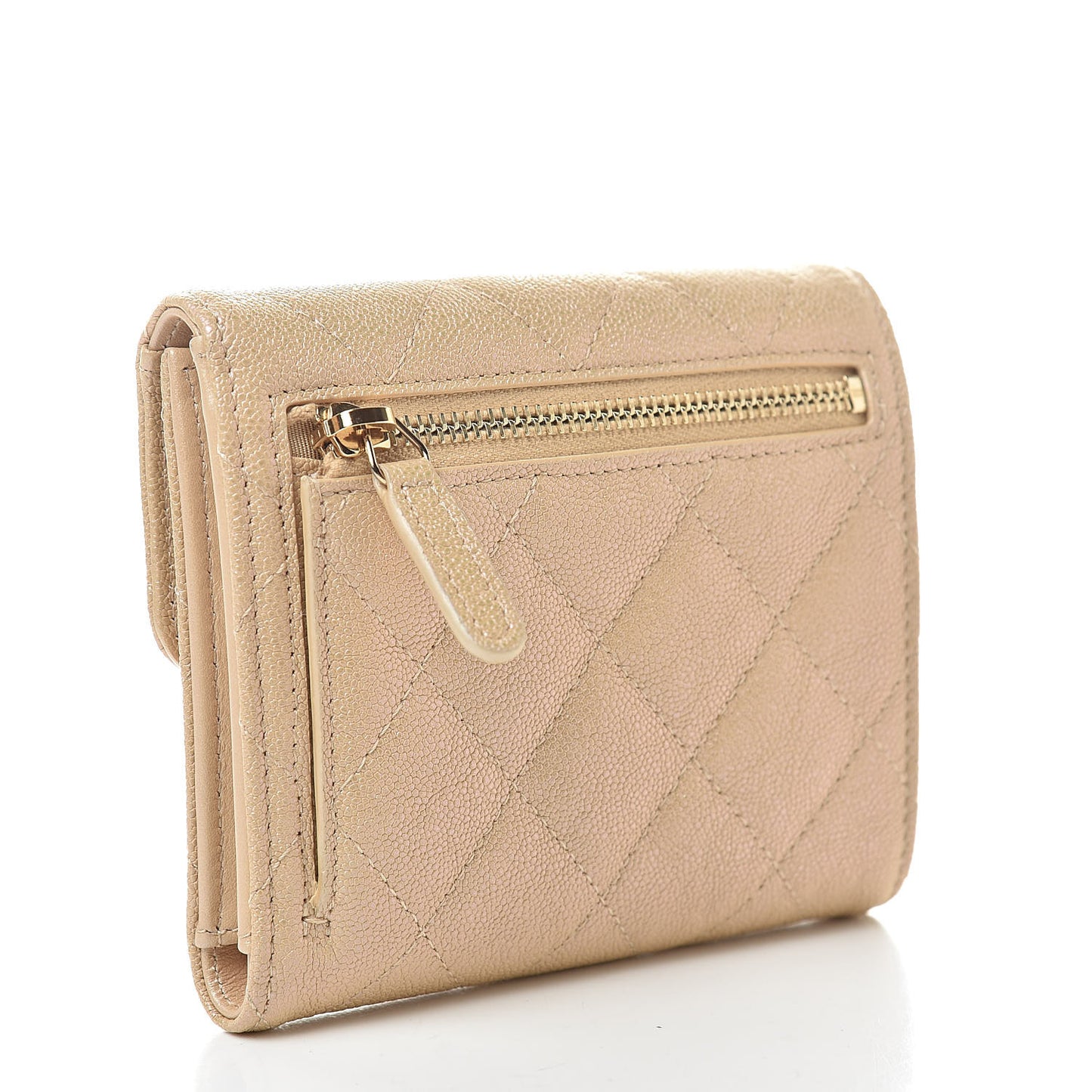 Iridescent Caviar Quilted Compact Flap Wallet Beige