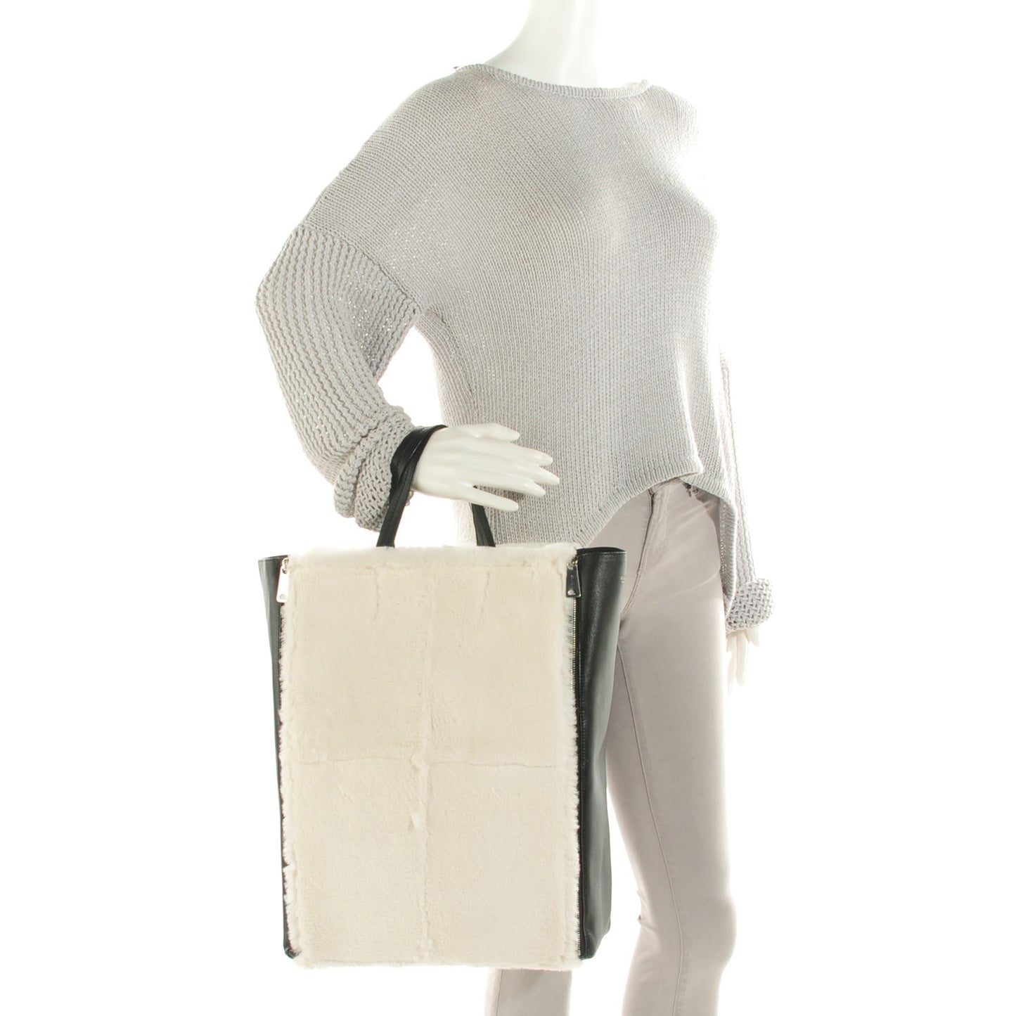 Shearling Smooth Lambskin Vertical Gusset Cabas White